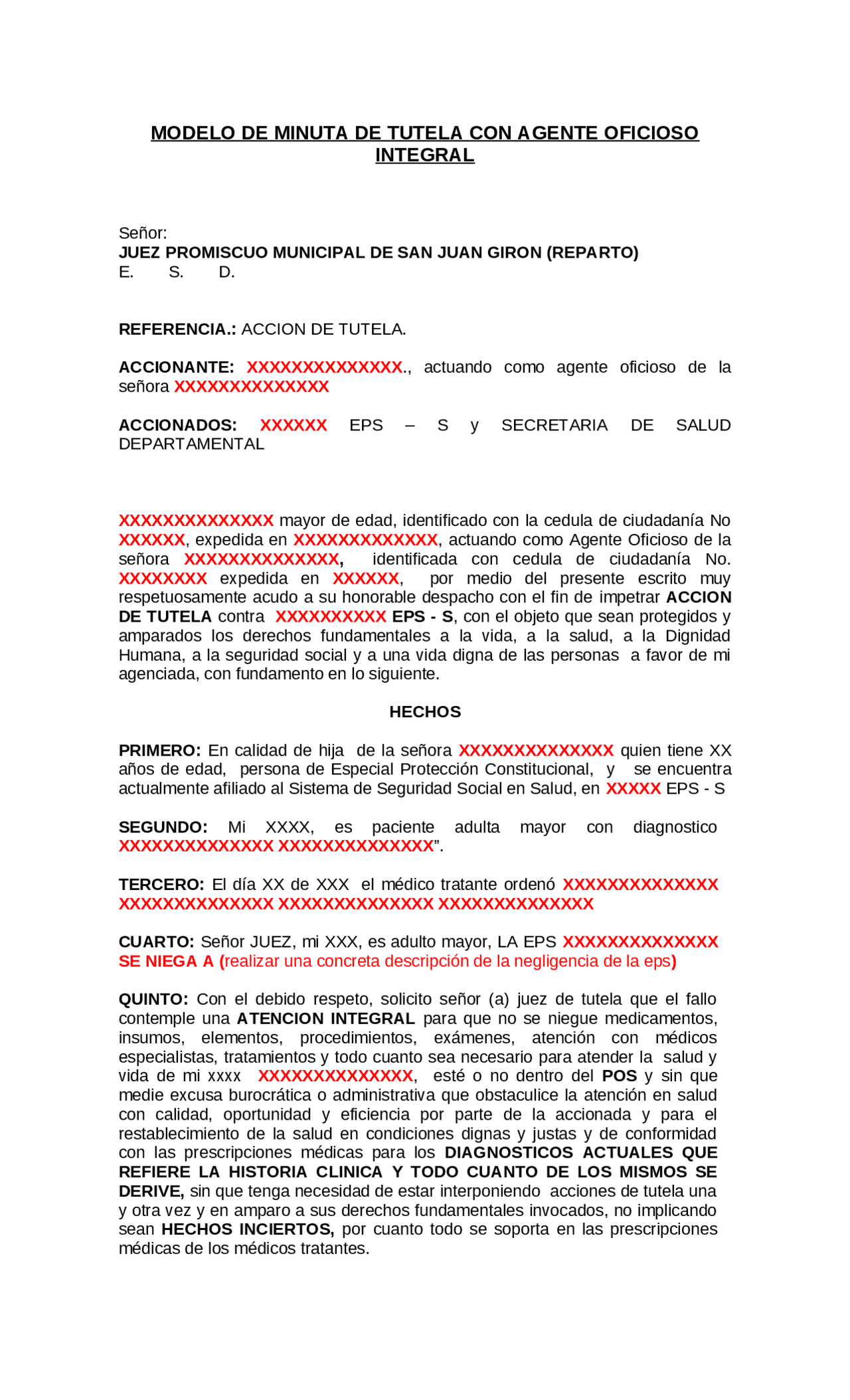 MODELO ACCIÓN DE TUTELA - Docsity