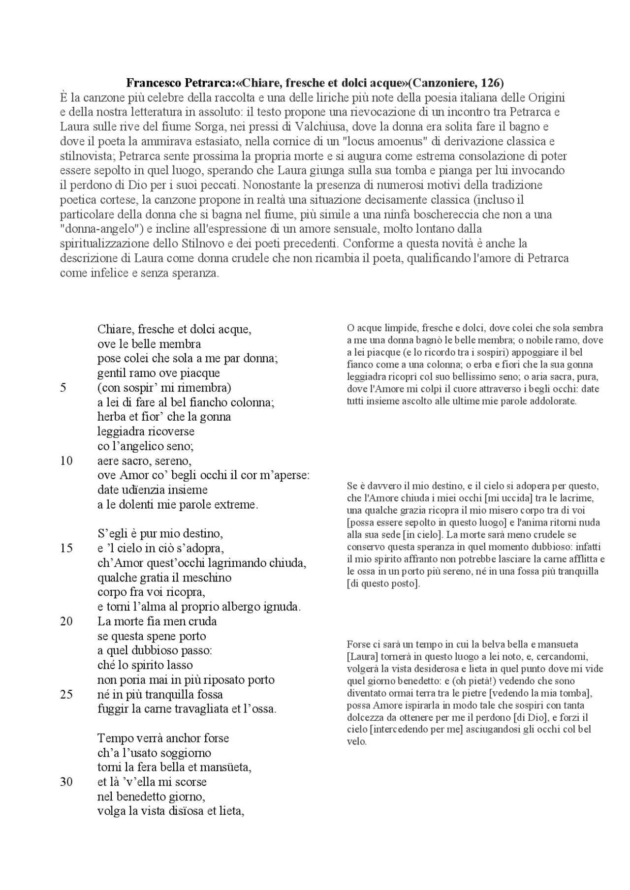 Francesco Petrarca«Chiare, fresche et dolci acque»(Canzoniere, 126) Docsity Francesco Petrarca«Chiare, fresche et dolci acque»(Canzoniere, 126) Docsity