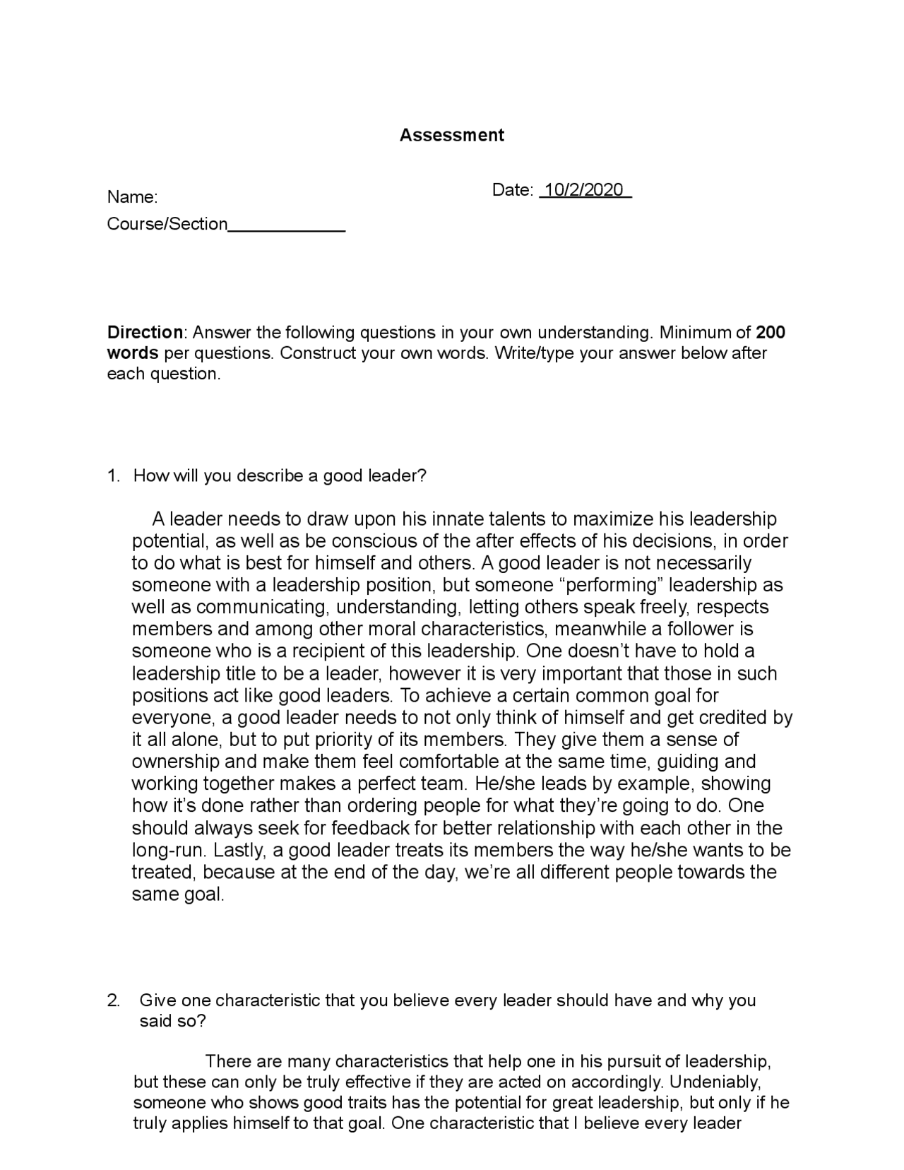 LEADERSHIP ASSESSMENT | Assignments English | Docsity