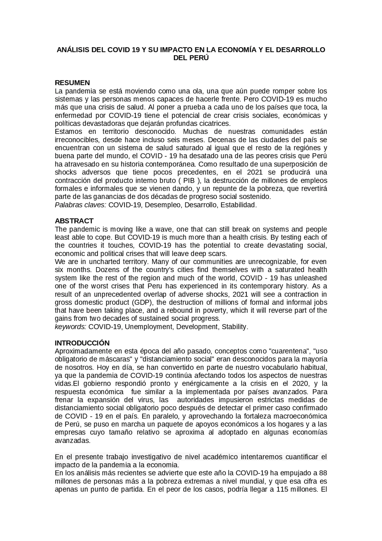 ANÁLISIS DEL COVID 19 Y SU IMPACTO EN LA ECONOMÍA Y EL DESARROLLO DEL ...