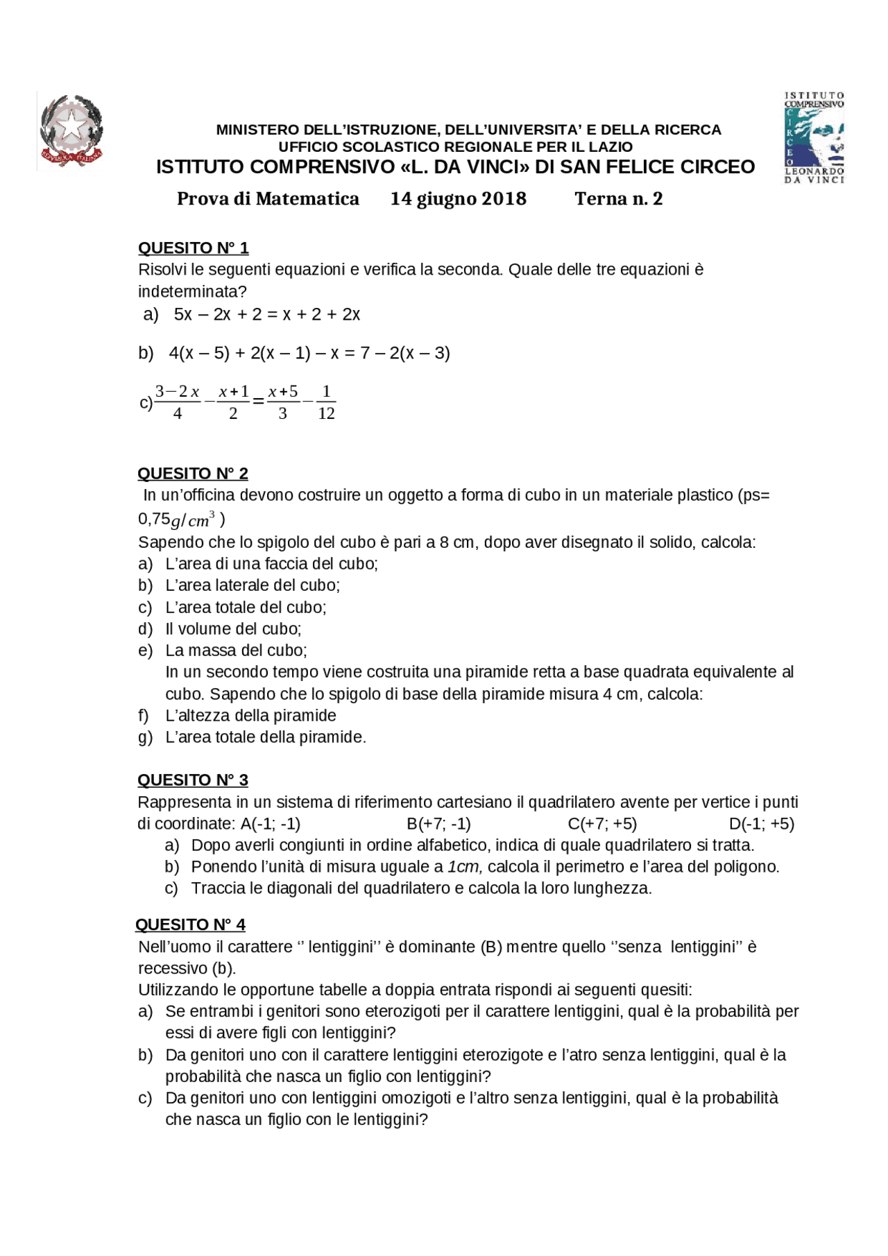Prova D esame Di Matematica Terza Media Prove D esame Di Matematica Prova D esame Di Matematica Terza Media Prove D esame Di Matematica
