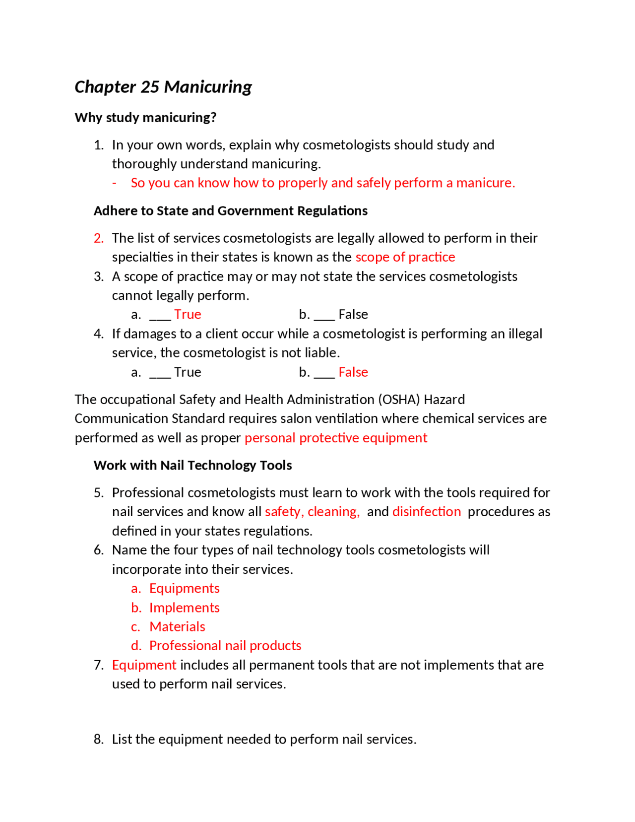 Chapter 25 Milady Worksheet Papers Cosmetology Docsity