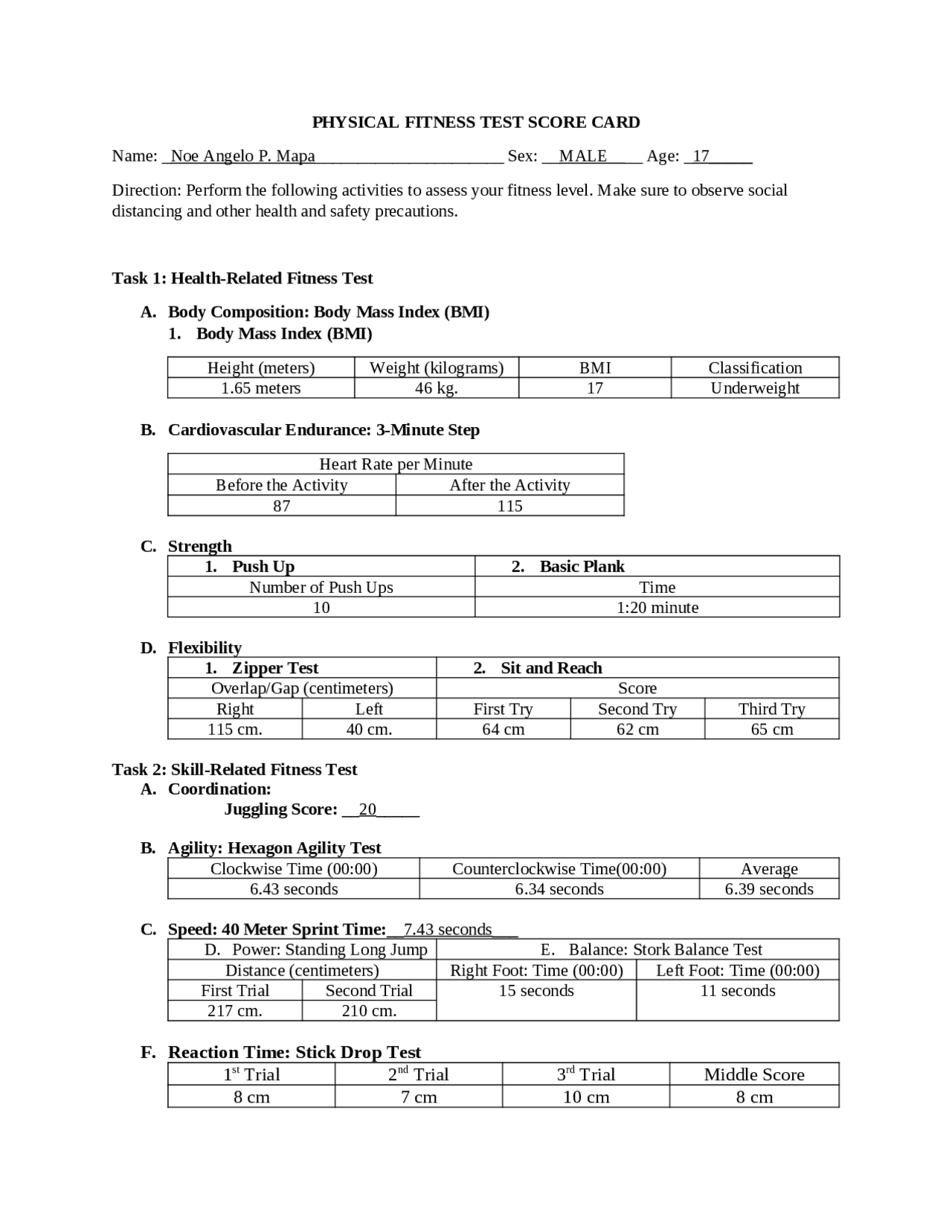 PHYSICAL FITNESS TEST FOR YOUU | Assignments Physical education | Docsity