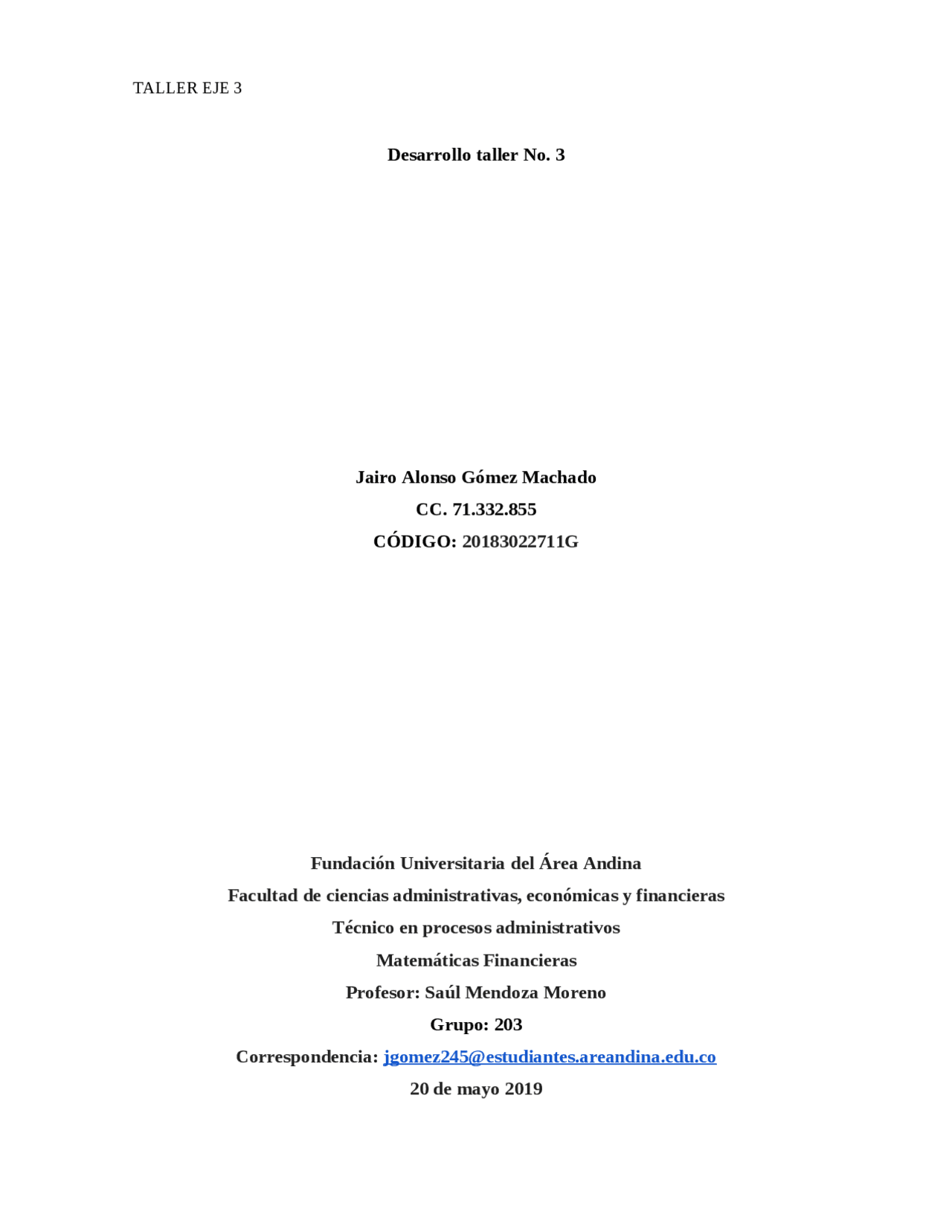 TALLER EJE 3 MATEMATICAS FINANCIERAS | Ejercicios de Matemáticas | Docsity