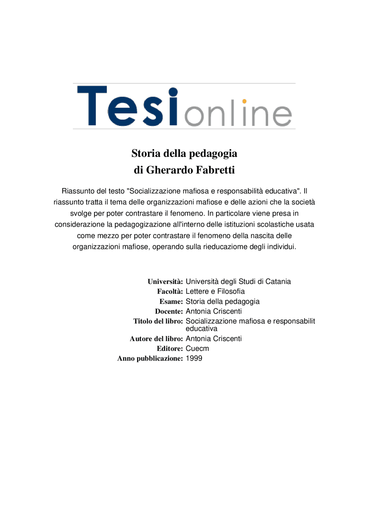 Storia della pedagogia - Docsity
