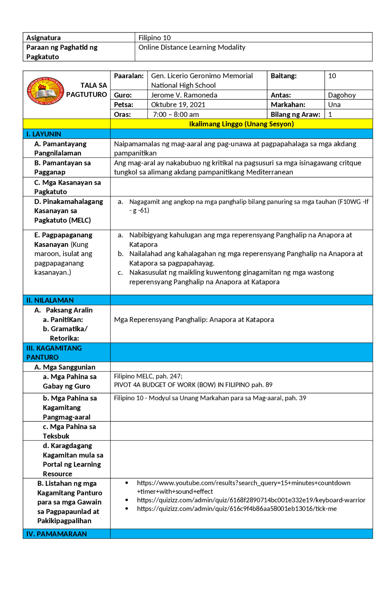 Lesson Exemplars and Teaching materials for languages and literatures