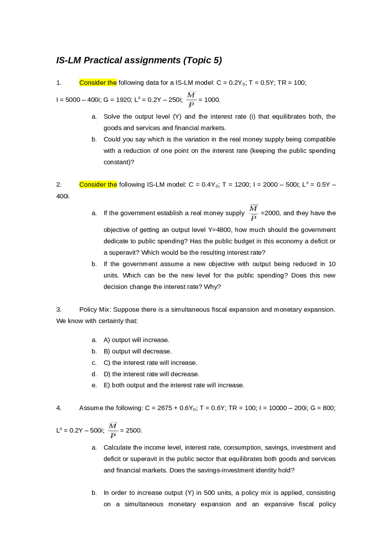 Chapter 5 IS-LM assignment - Docsity