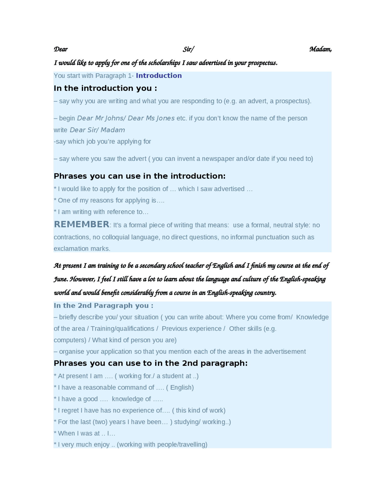 Cover letter for students who are learning | Resúmenes de Inglés | Docsity