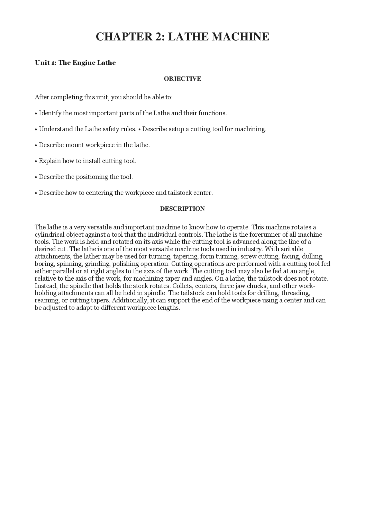 Riassunto componenti TORNIO TRADIZIONALE English Docsity