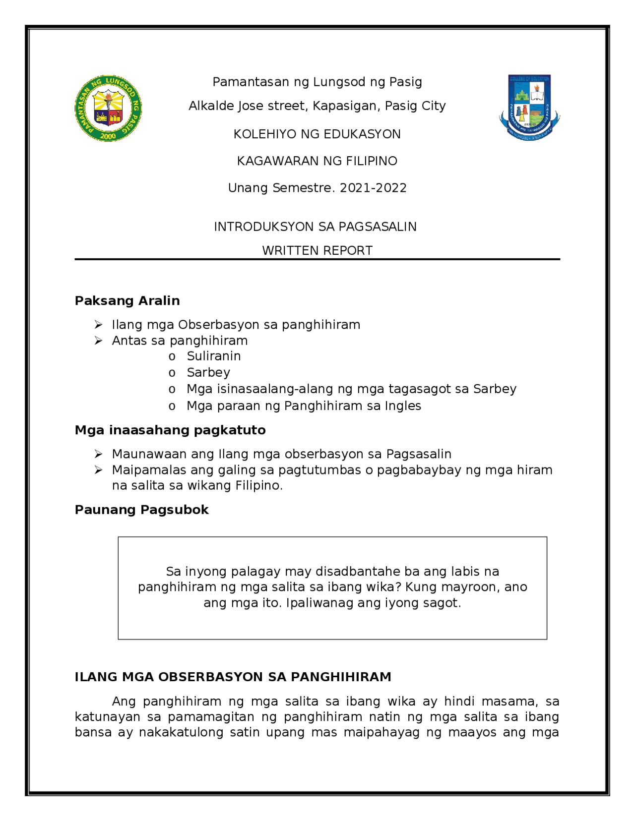 This document is a written report - Docsity