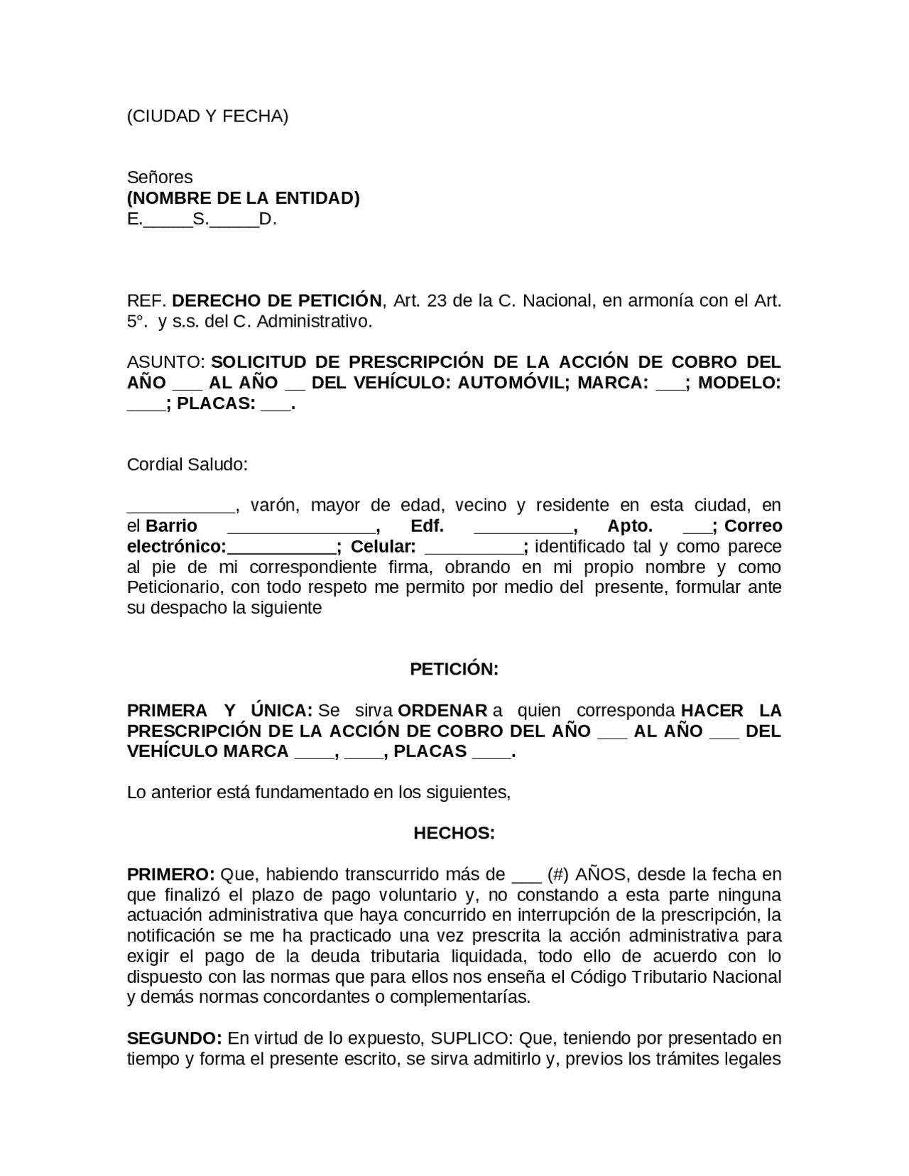 Modelo de petición por prescripción de Multa de tránsito - Docsity