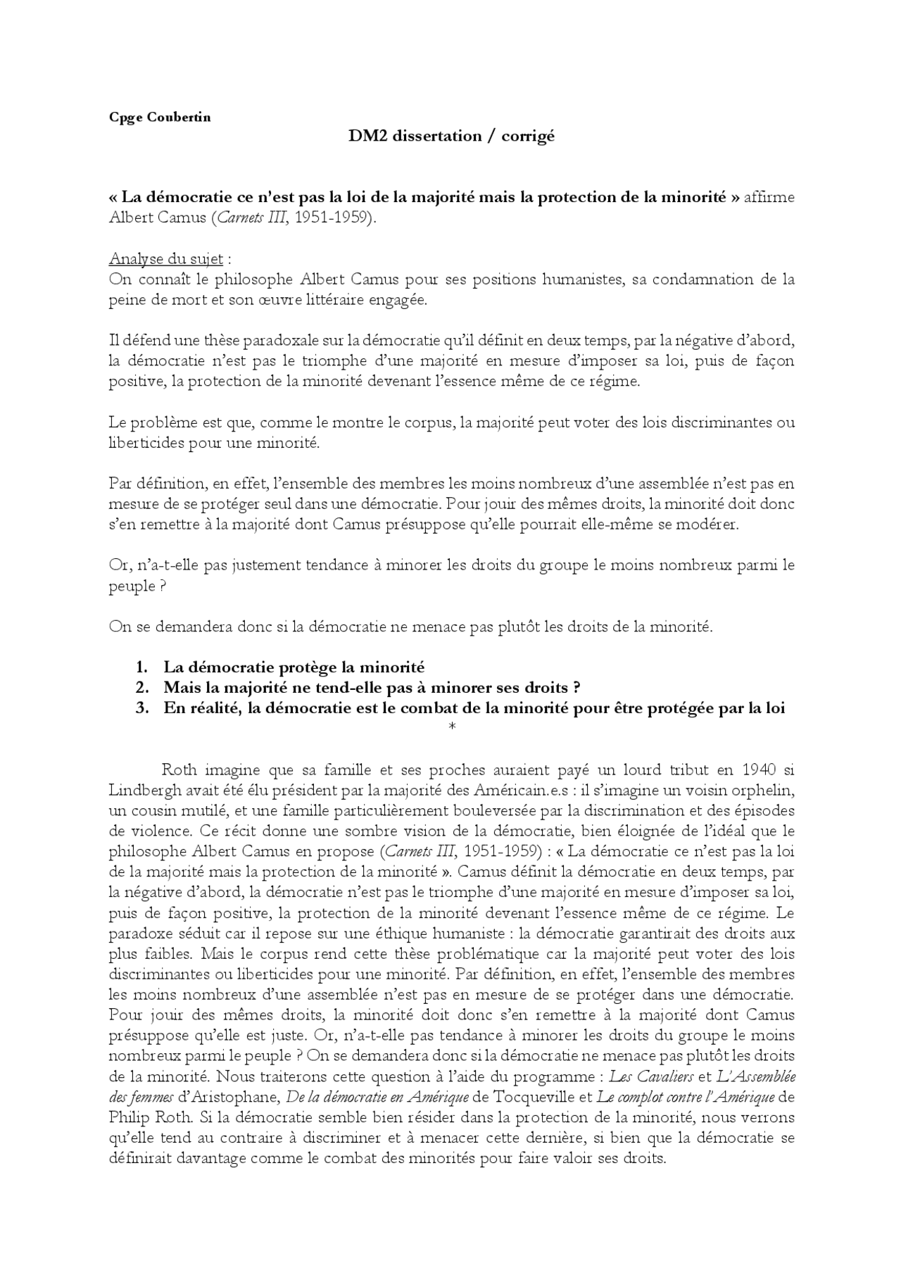 La Democratie Ce N Est Pas La Loi De La Majorite Dm2 Dissertation Corrige Docsity
