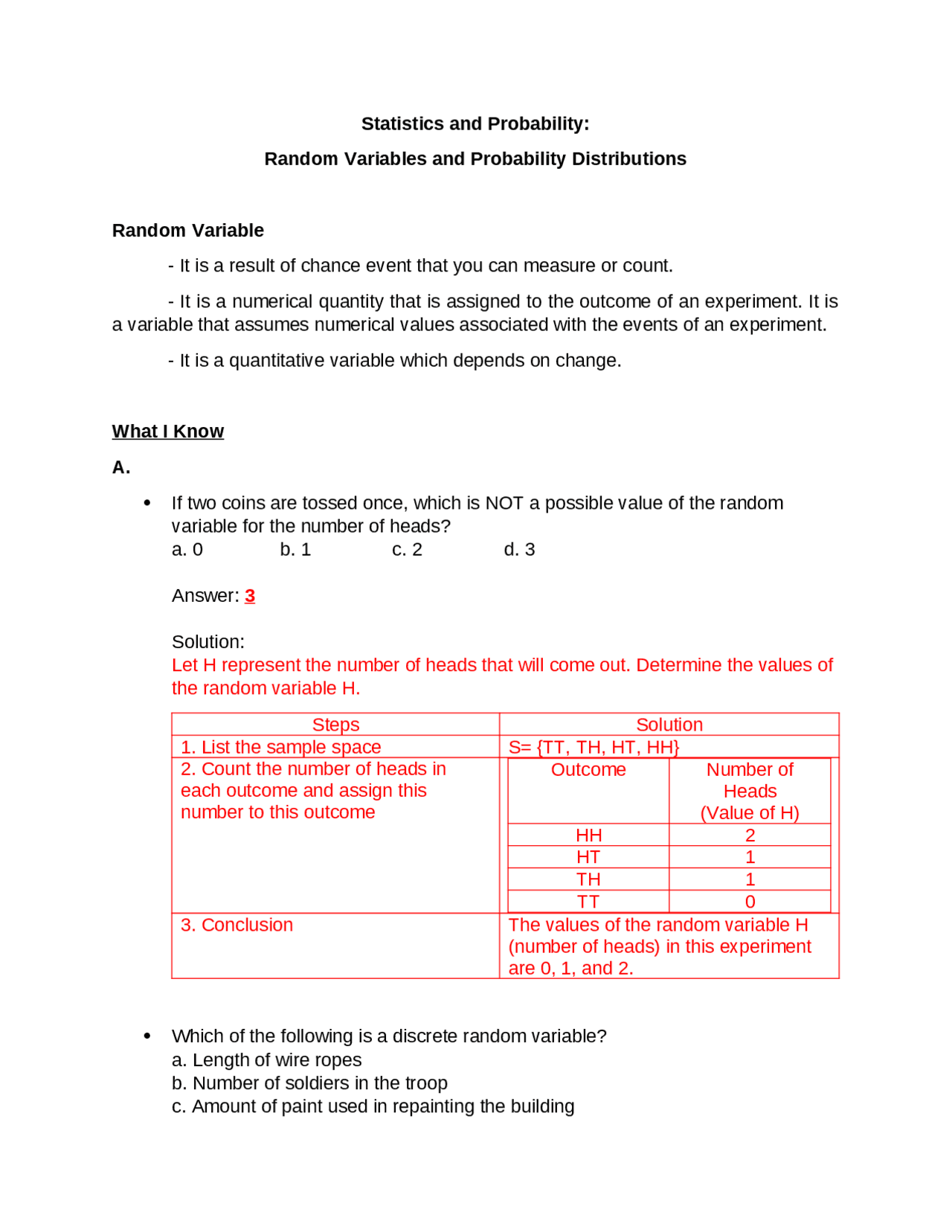 Random Variable Example Problems Probability Distribution Statistics and Probability (Random Variables and Probability ...