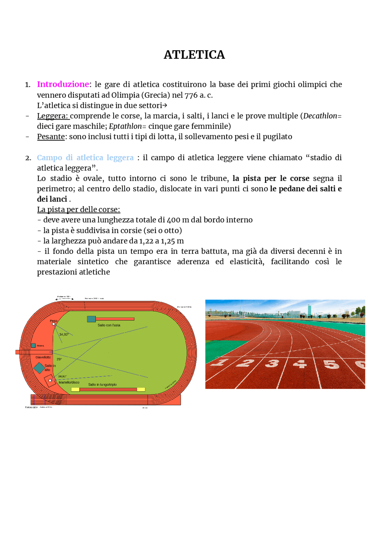 Ricerca sull'atletica leggera. Vari sport ed esercizi Docsity