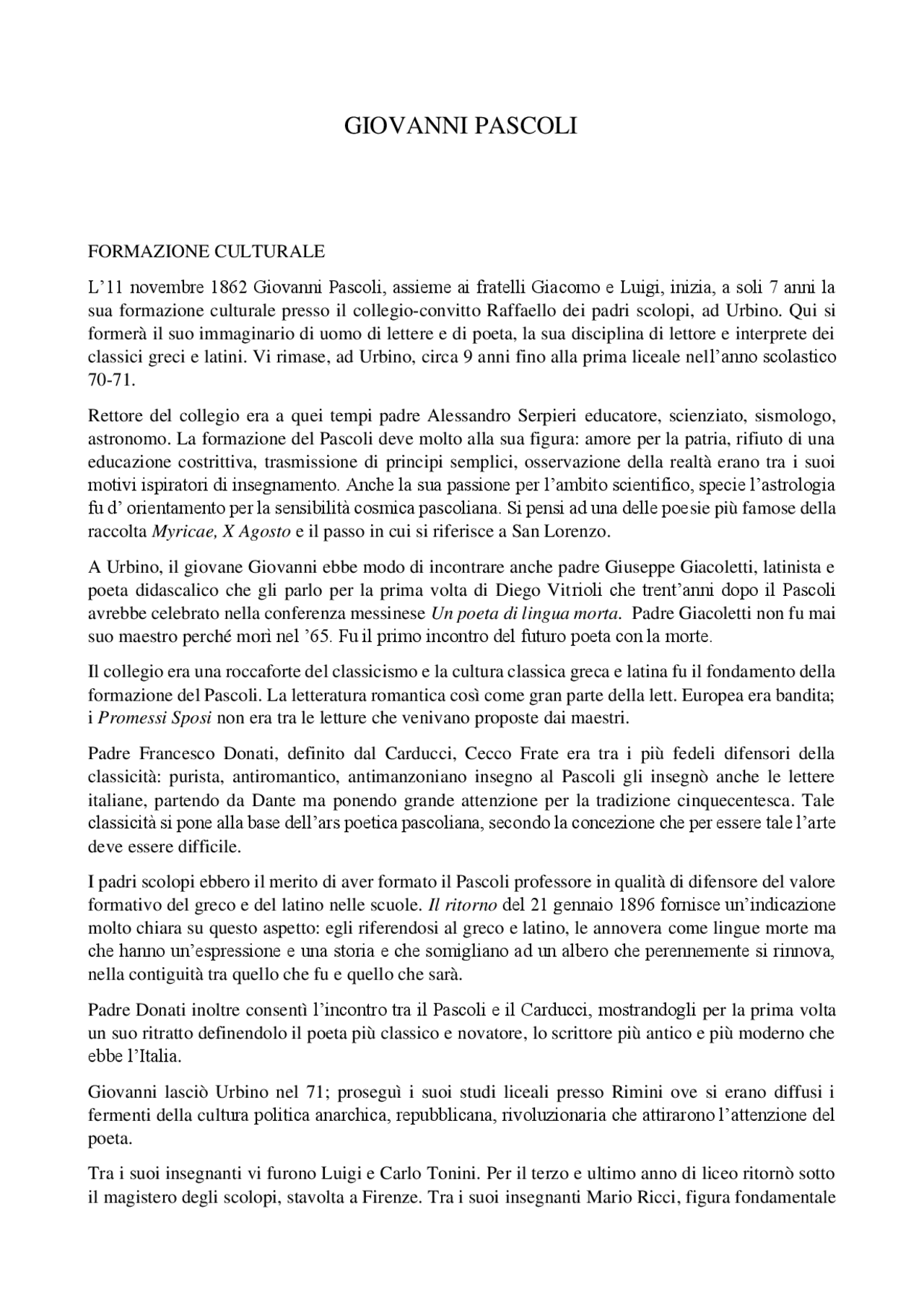 Formazione culturale di Giovanni Pascoli Docsity