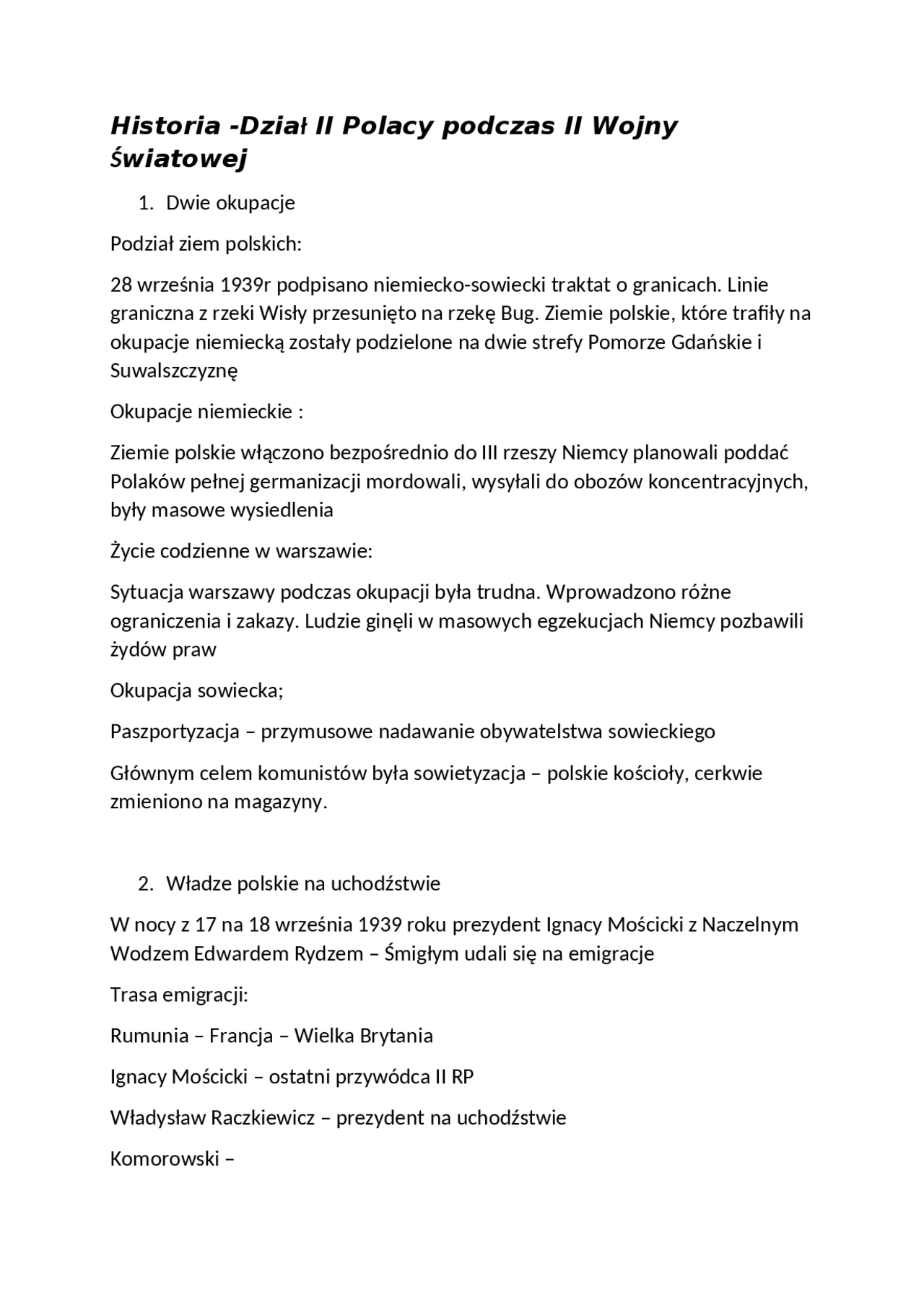 Polacy podczas 2 wojny światowej | Notatki Historia | Docsity