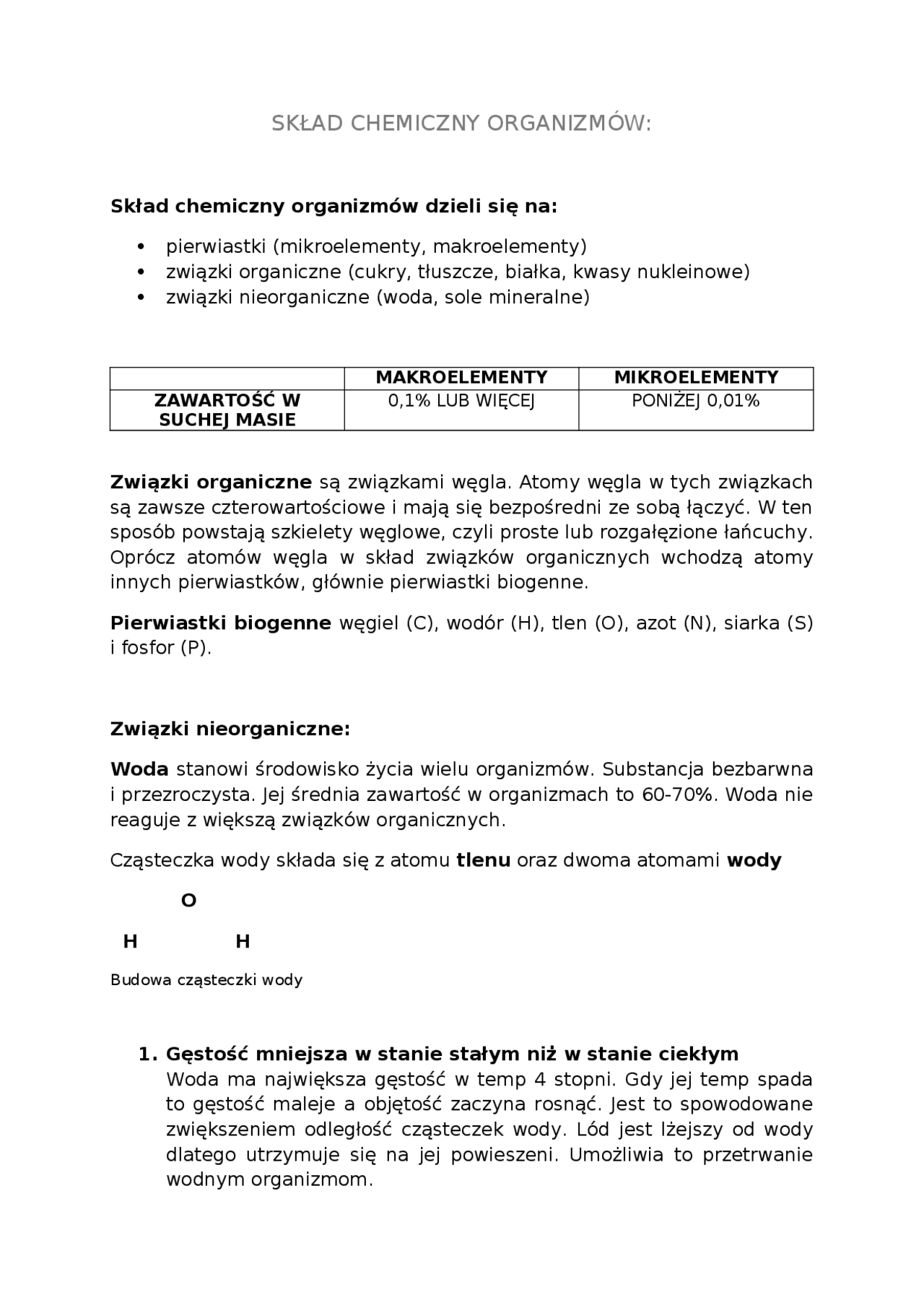 notatka z składu chemicznego organizmów | Notatki Biologia | Docsity