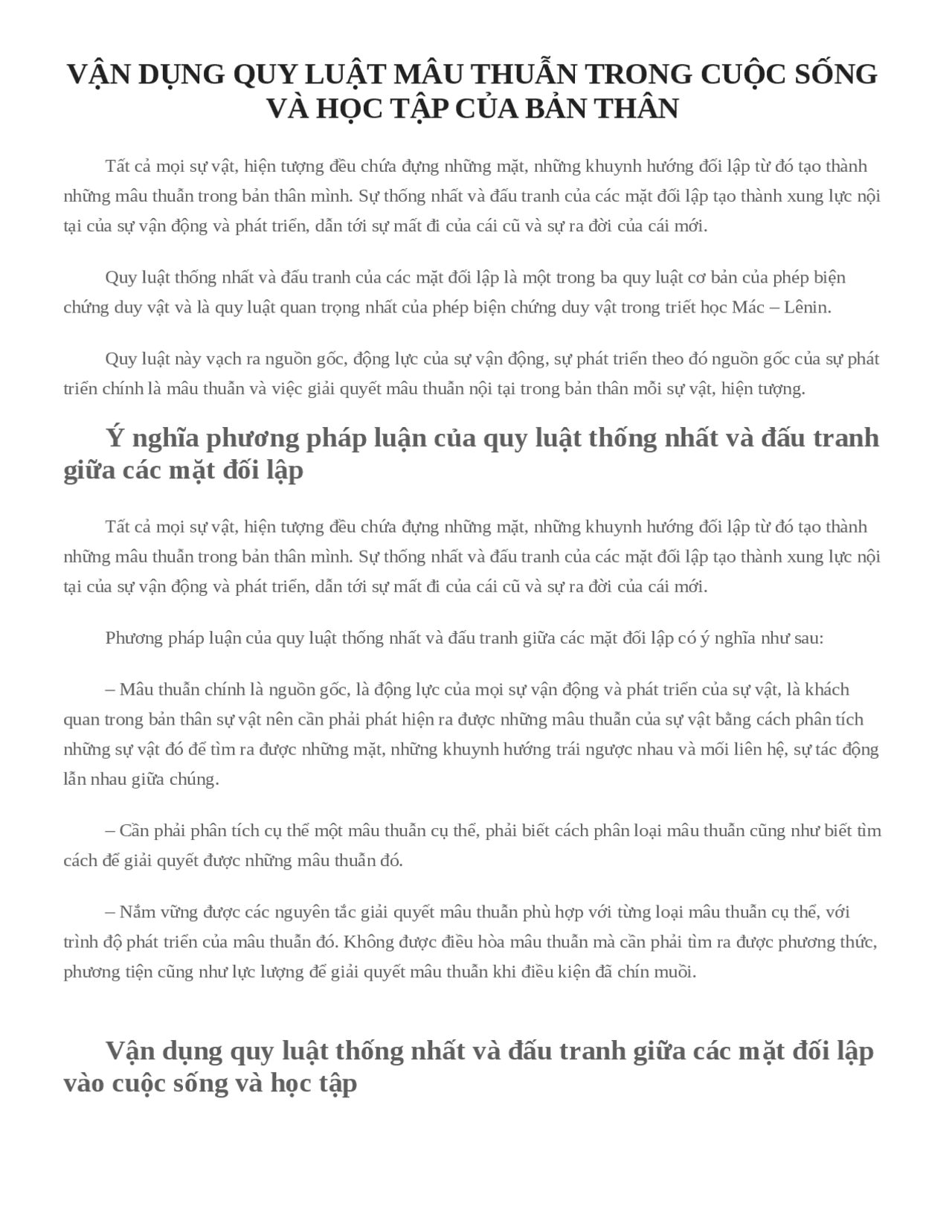 Quy luật mâu thuẫn trong cuộc sống | Thesis Philosophy | Docsity