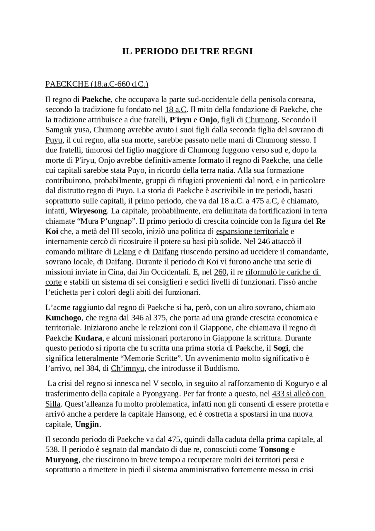 Storia della Corea Il periodo dei Tre regni Paekche Sintesi del