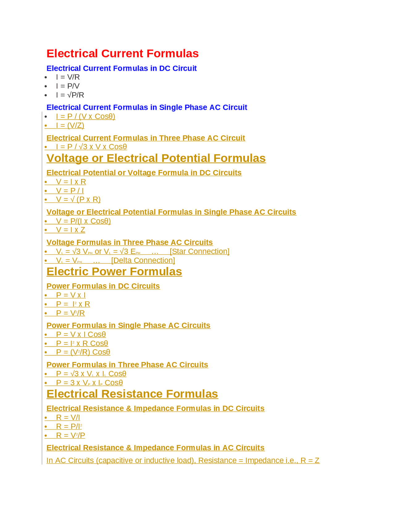 Electrical Current Formulas - Docsity