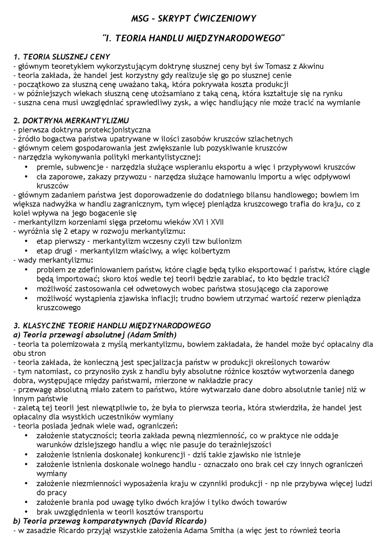 Miedzynarodowe stosunki gospodarcze - Docsity