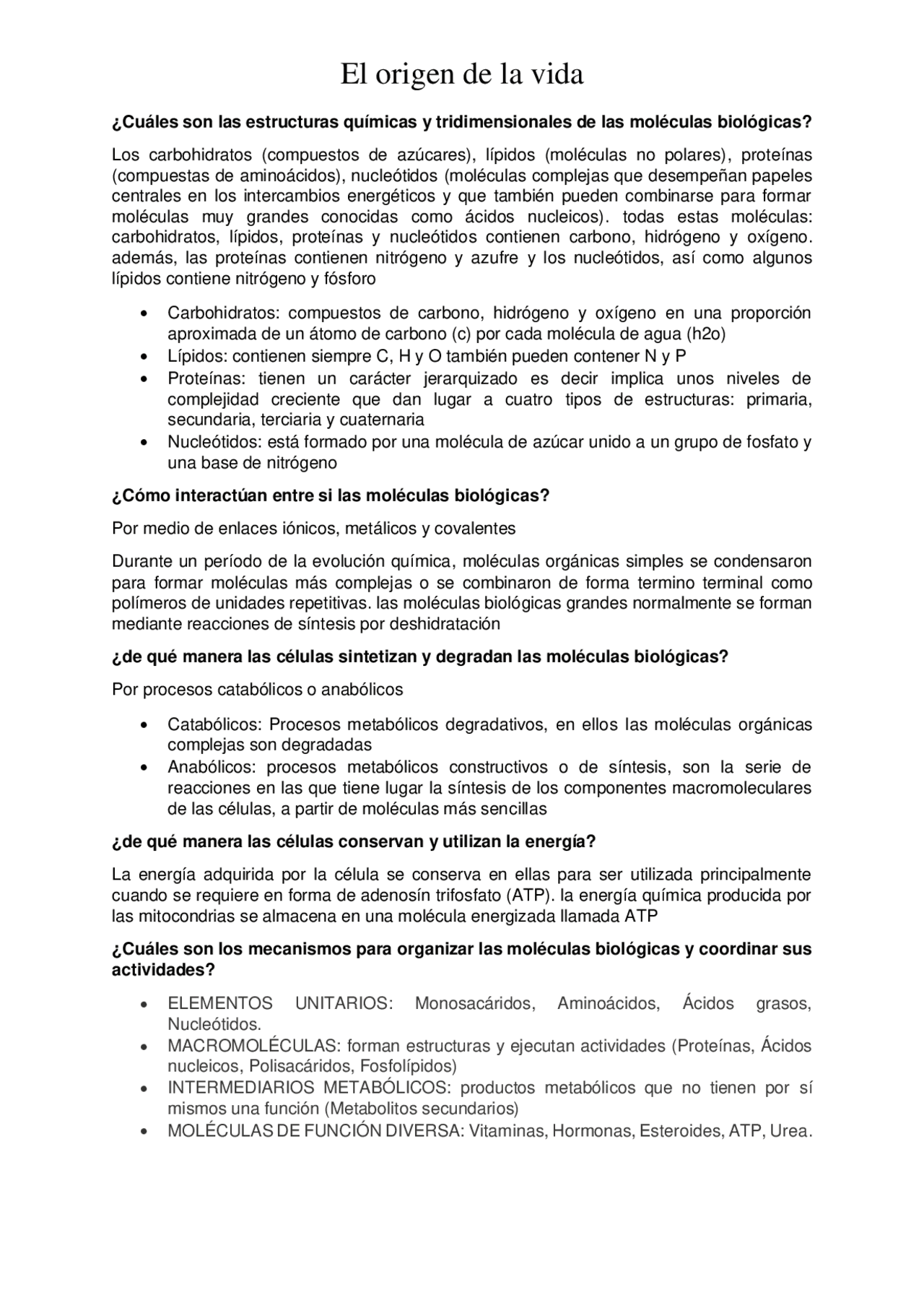 El origen de la vida - Docsity
