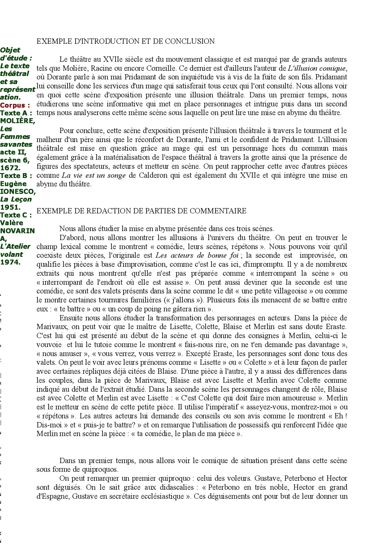 exemple de commentaire compose sur le theatre guide projets