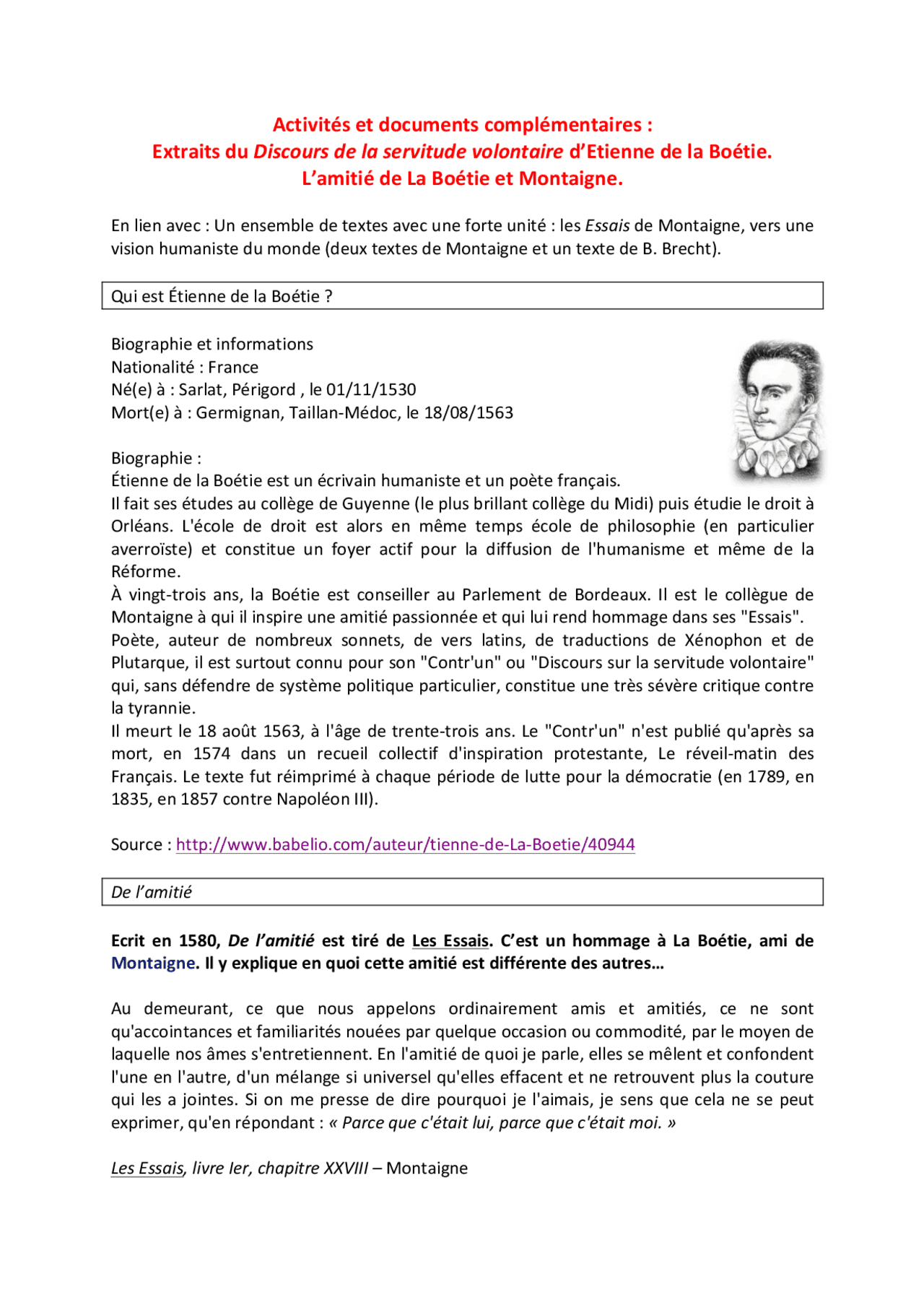 Etienne De La Boetie Discours De La Servitude Volontaire Analyse Extraits du Discours de la servitude volontaire d'Etienne de la Boétie |  Guide, Projets, Recherche Littérature | Docsity