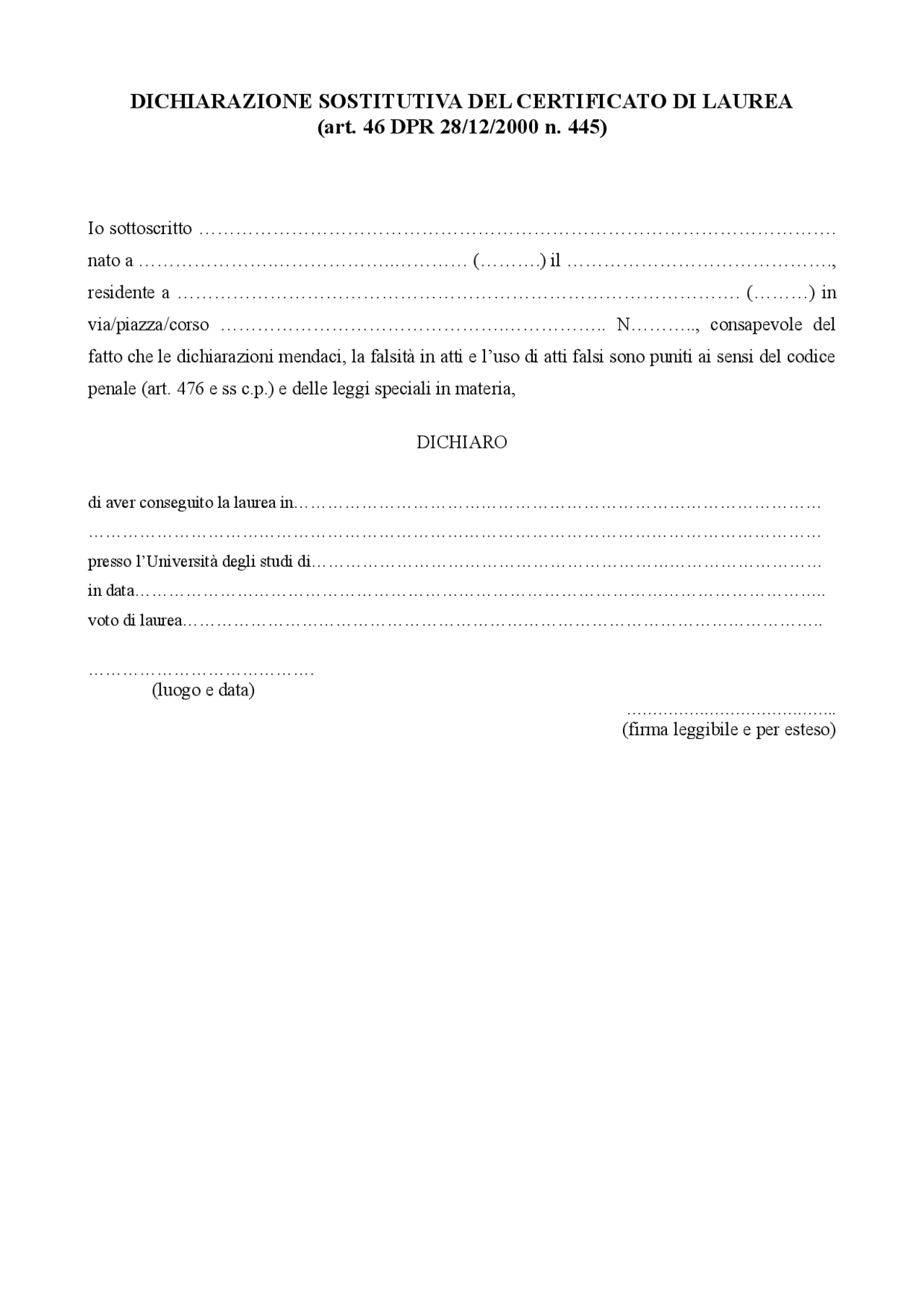 modello autocertificazione titolo di studio