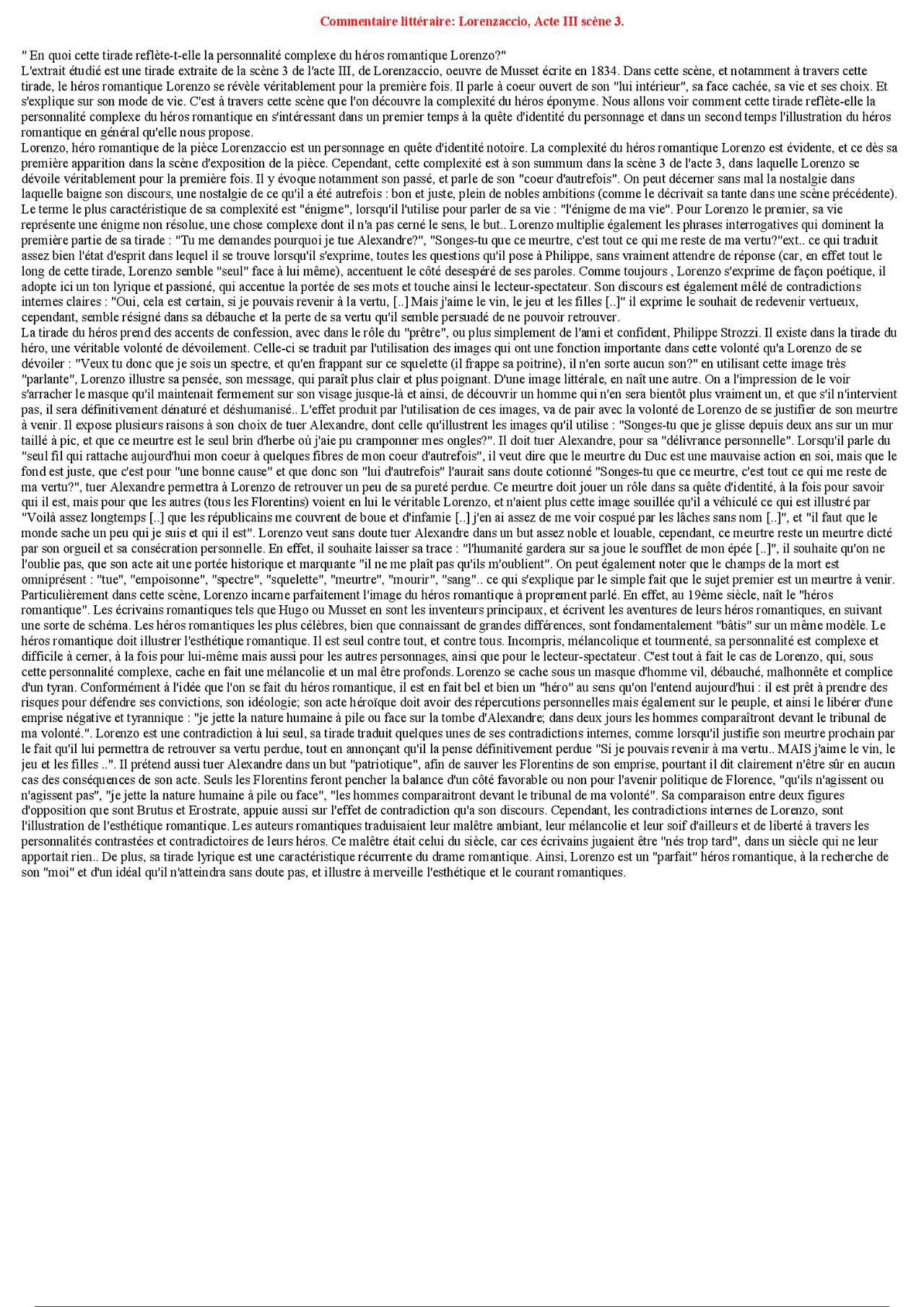 Commentaire Composé Lorenzaccio Acte 3 Scène 3 Commentaire littéraire: Lorenzaccio, Acte III scène 3 | Exercices Théâtre |  Docsity