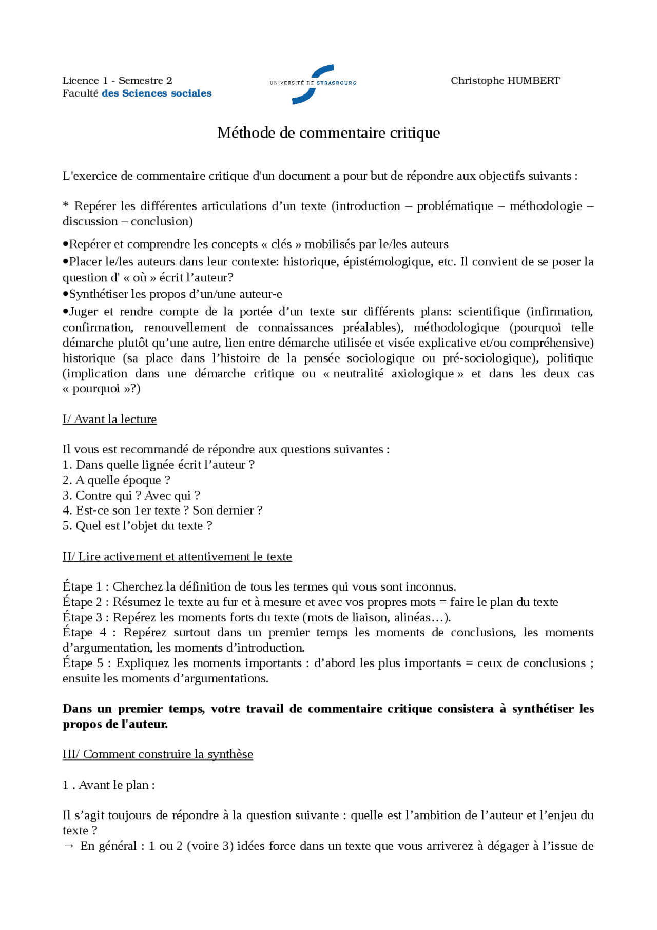 Méthode de commentaire critique - Docsity