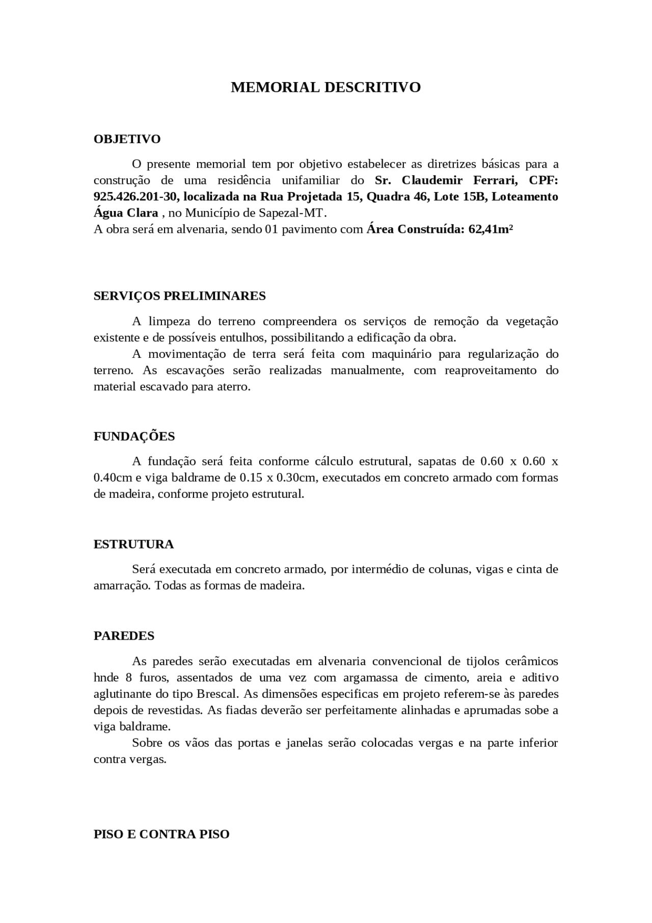 Memorial descritivo de obra | Resumos Gestão Ambiental | Docsity