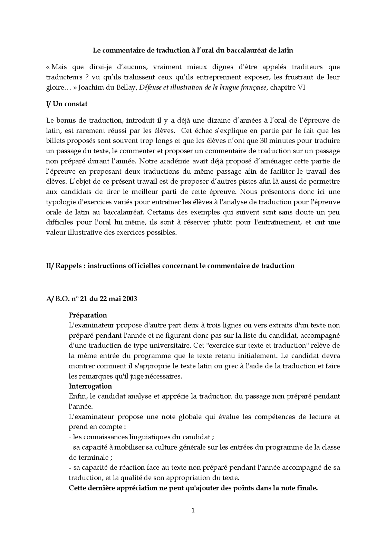 Le commentaire de traduction à l’oral du baccalauréat de latin - Docsity