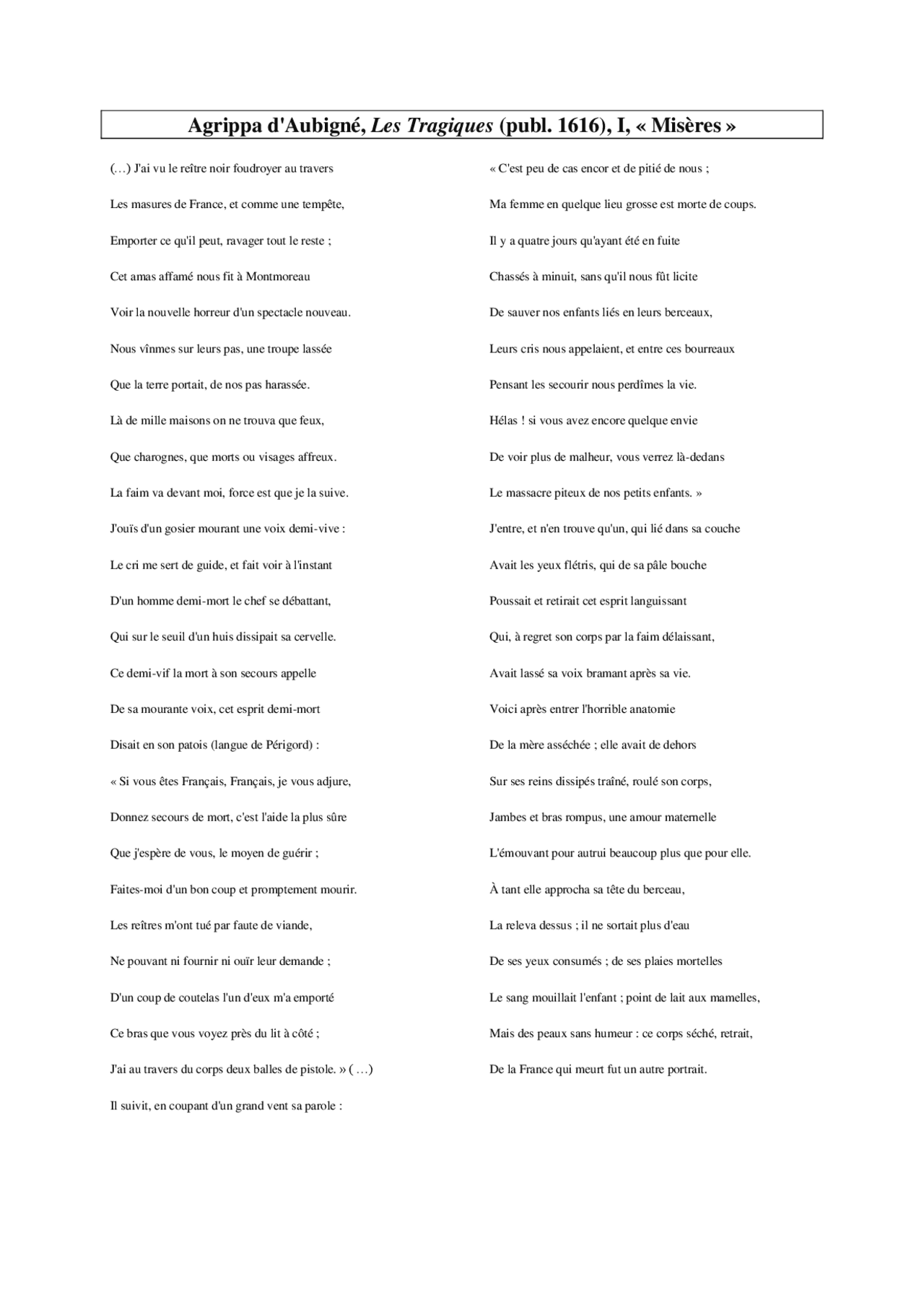 Agrippa D Aubign Les Tragiques Commentaire Docsity