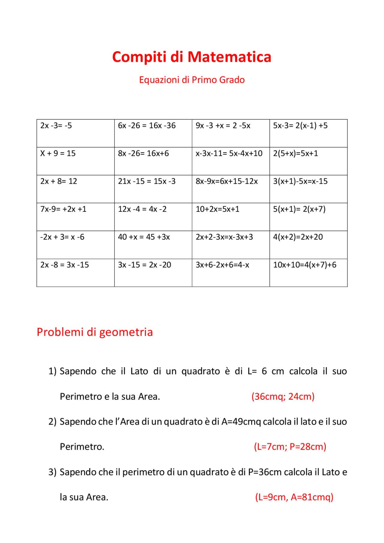 Esercizi con soluzioni su equazioni 1 grado - Docsity