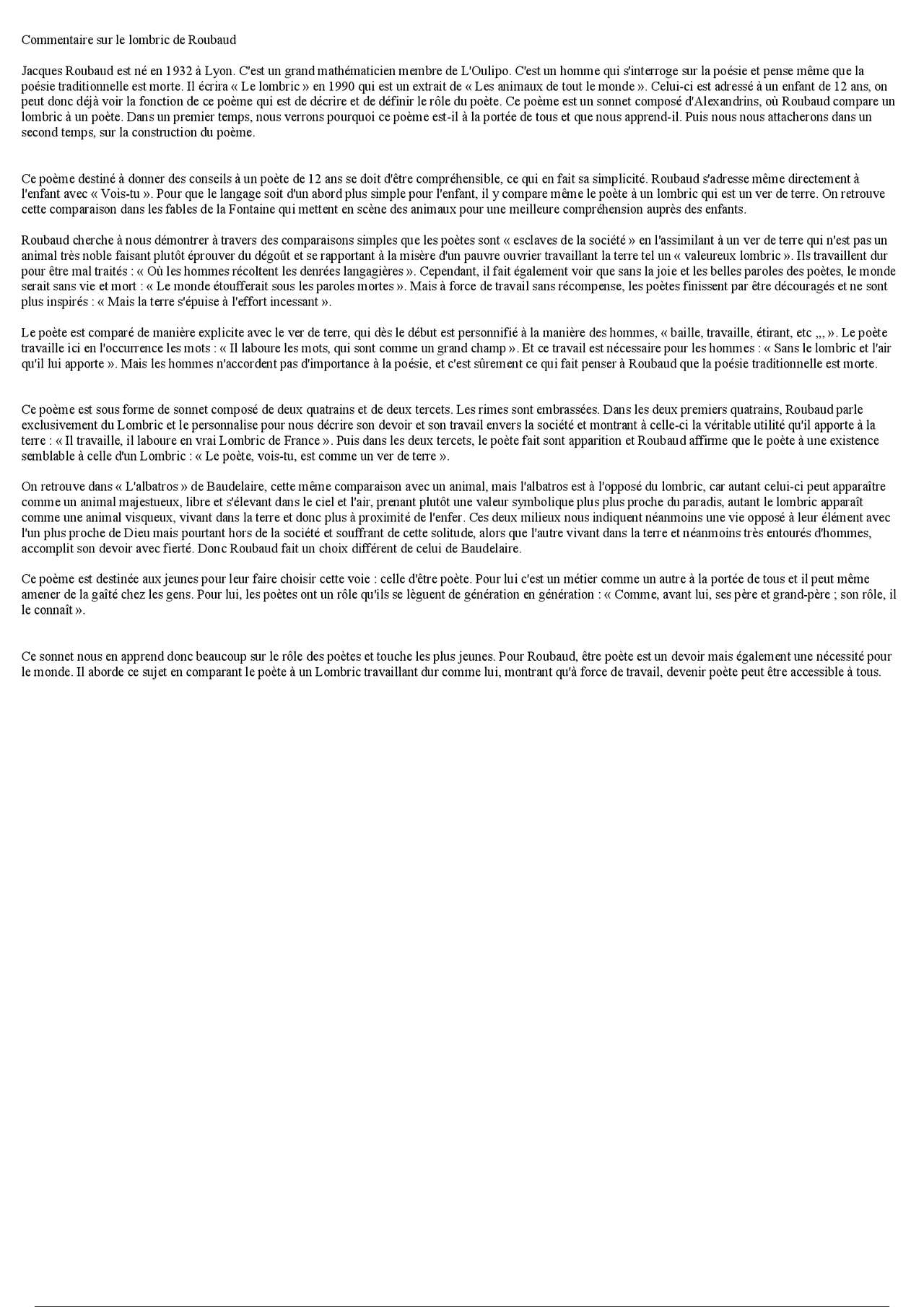 Le Lombric Analyse Bac Francais Commentaire sur le lombric de Roubaud | Guide, Projets, Recherche  Littérature | Docsity