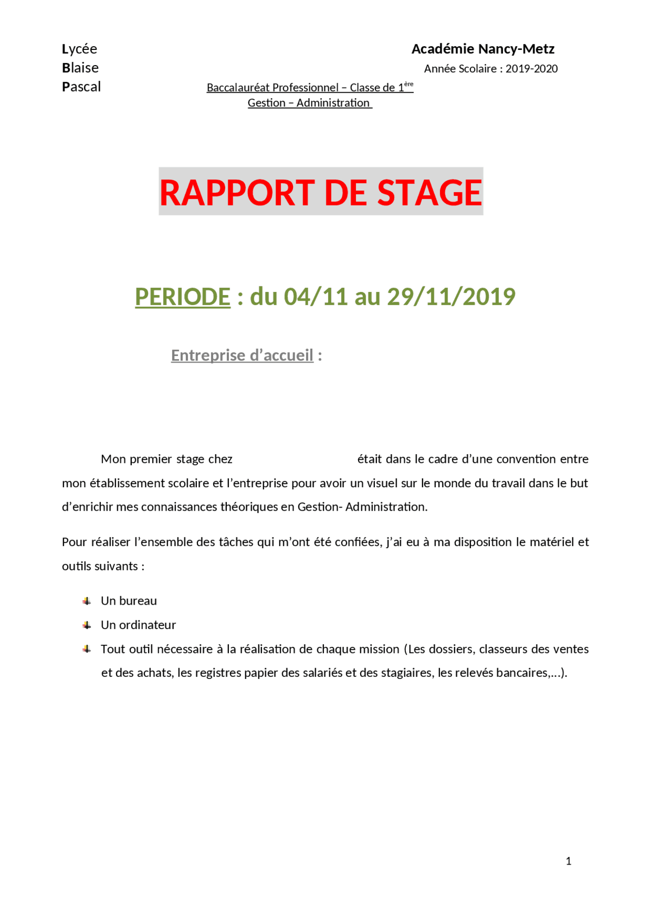 Rapport de stage en période de PFMP dans une entreprise de gestion