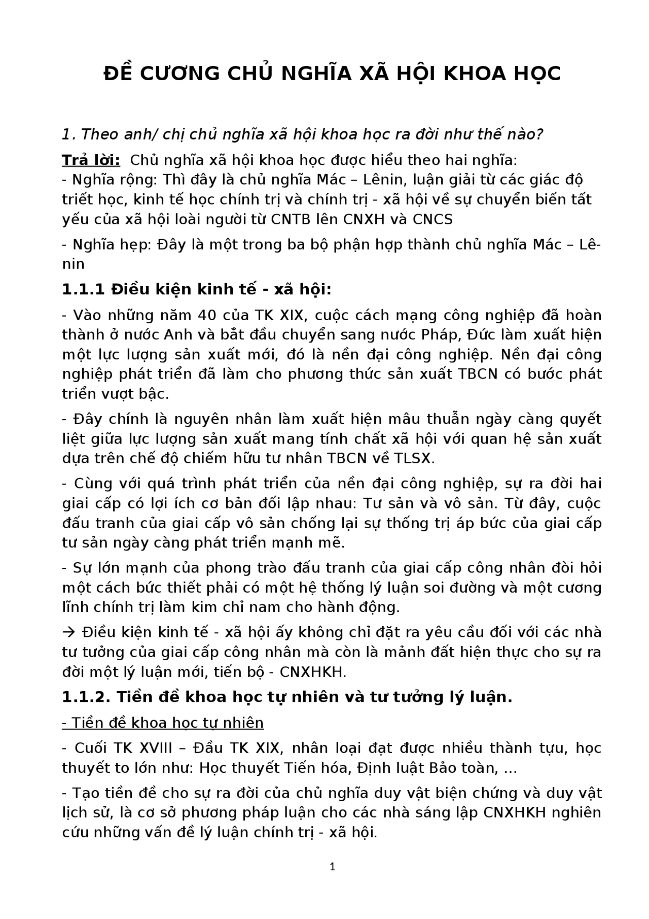 Đề cương ôn tập môn Chủ nghĩa xã hội khoa học | Lecture notes Psychology | Docsity