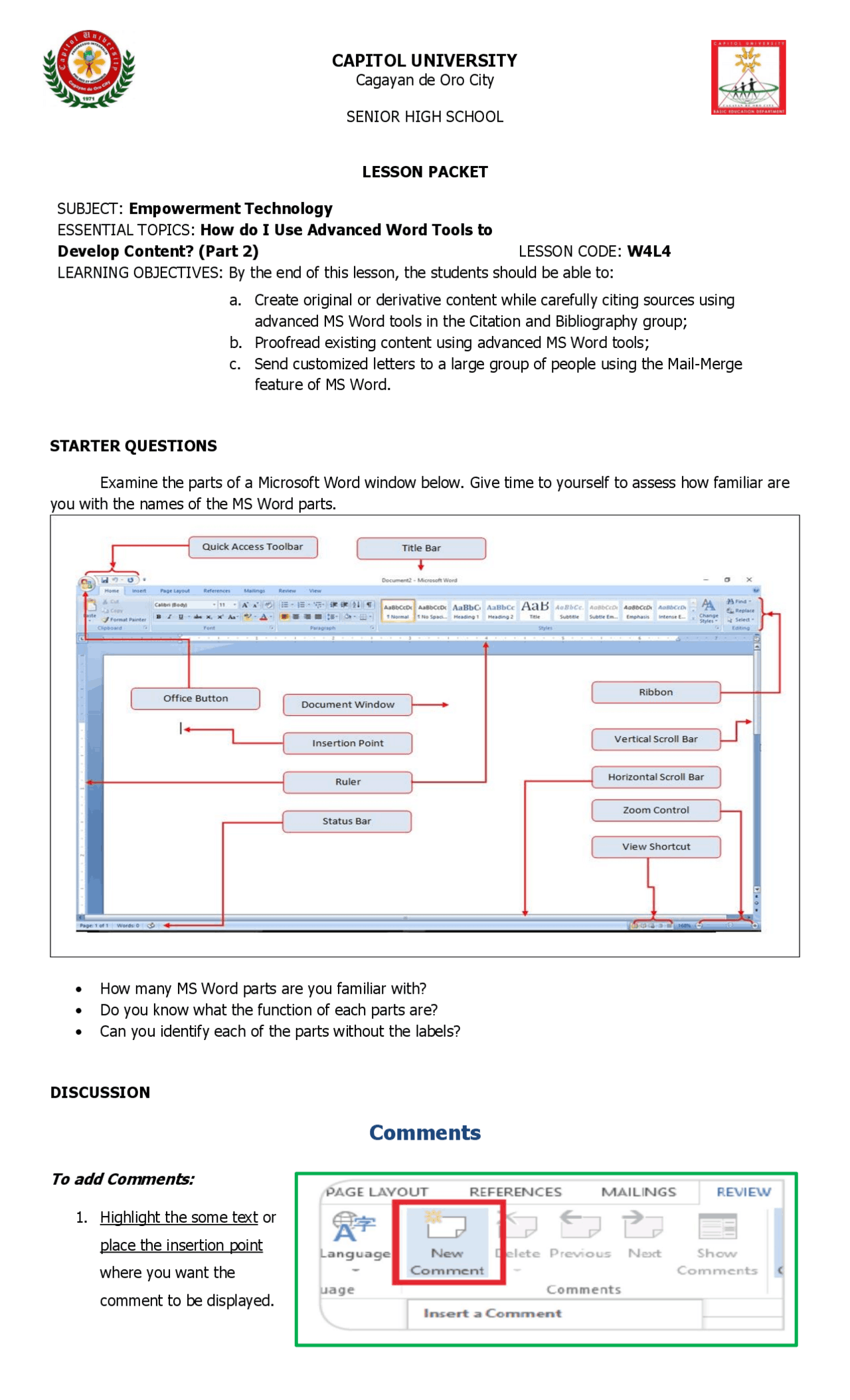 Learning Packet Layout E-Tech Learning Packet - Docsity