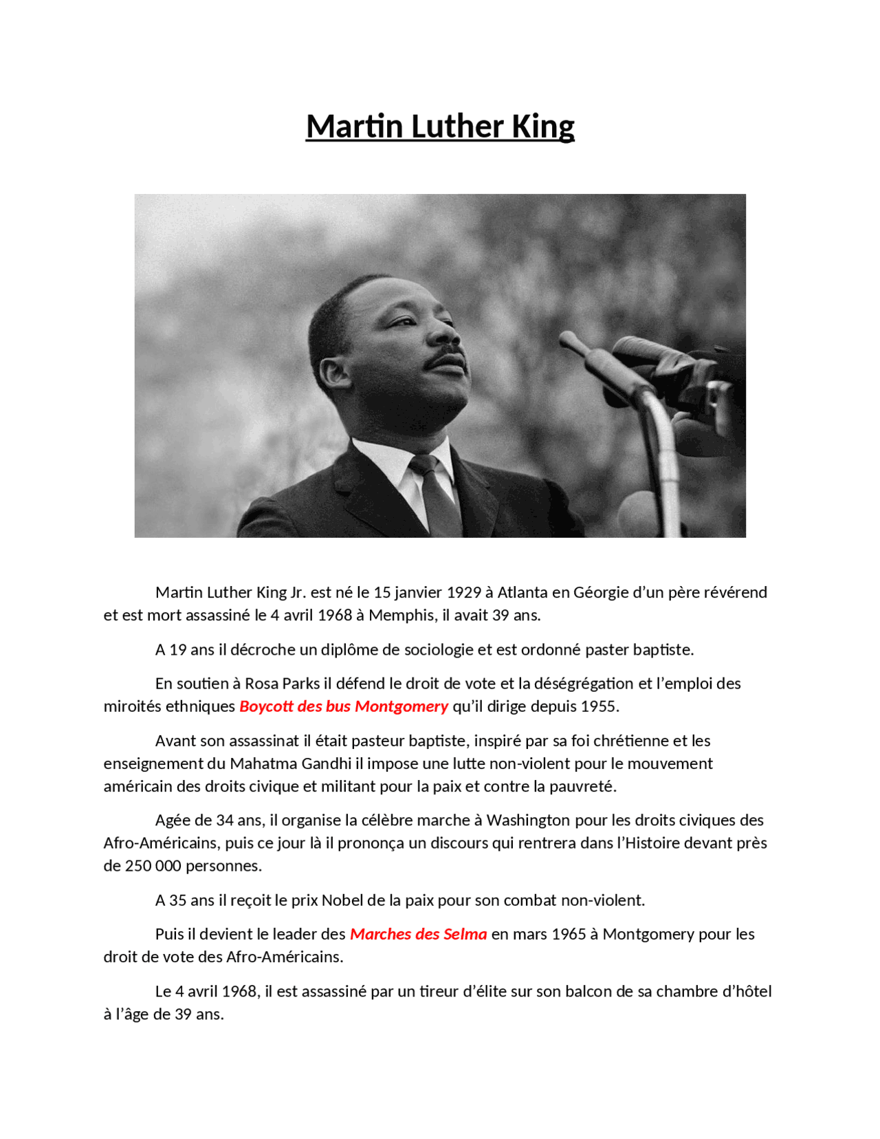 Biographie Martin Luther King - Docsity