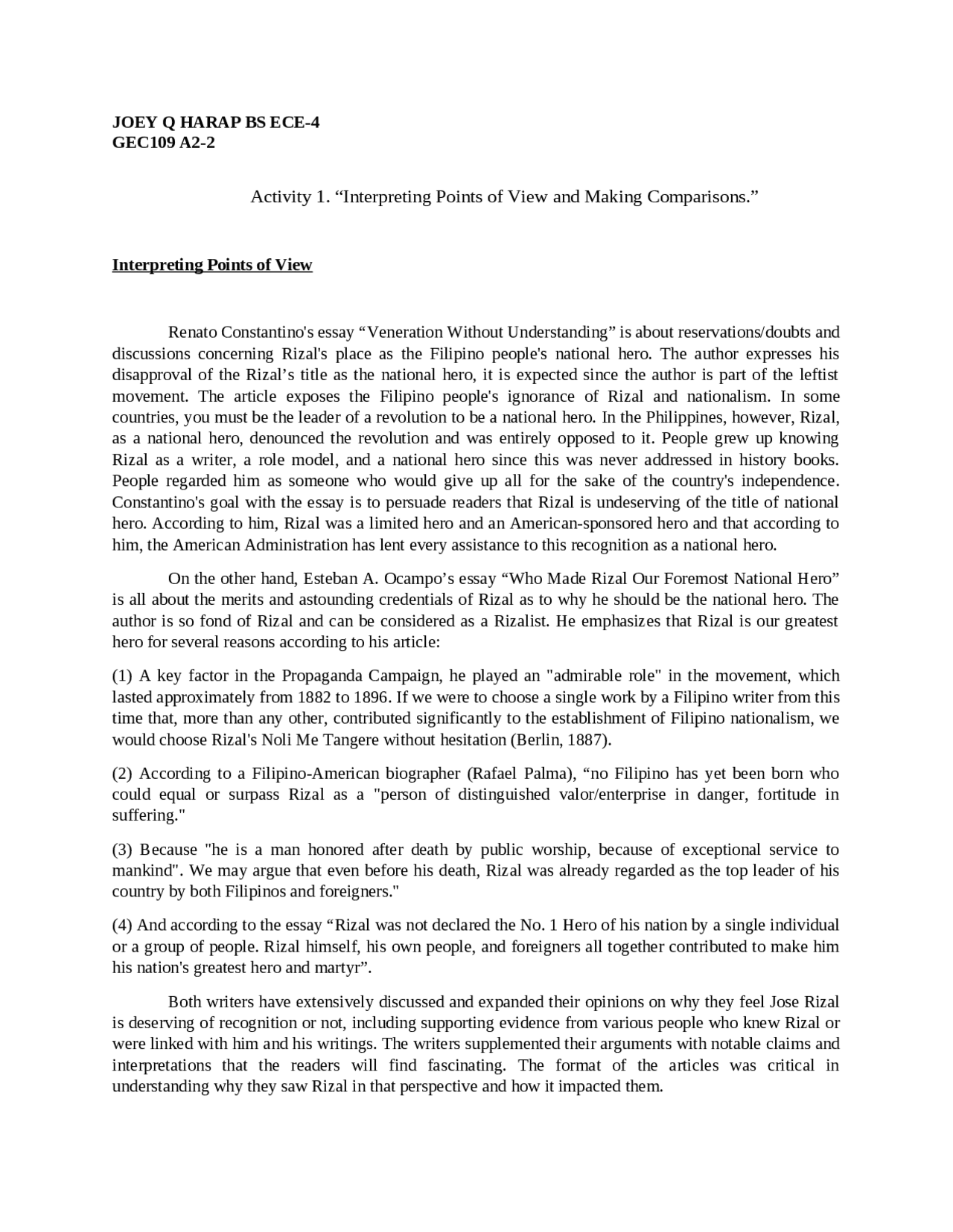 Interpreting Point of View and Making Comparison - Docsity