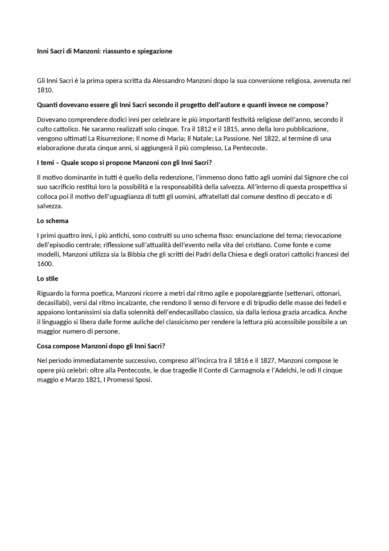 GLI INNI SACRI DI MANZONI Docsity GLI INNI SACRI DI MANZONI Docsity