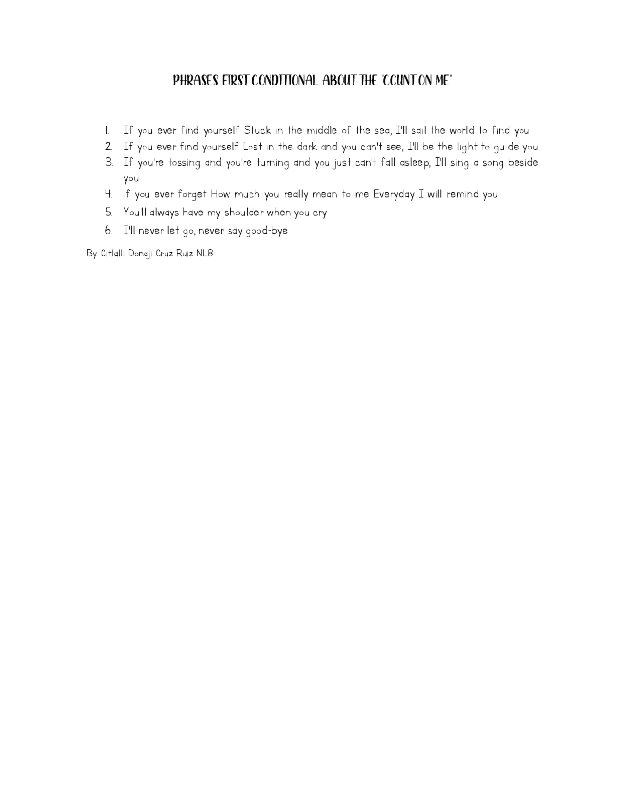 First conditional of Count On Me - Docsity