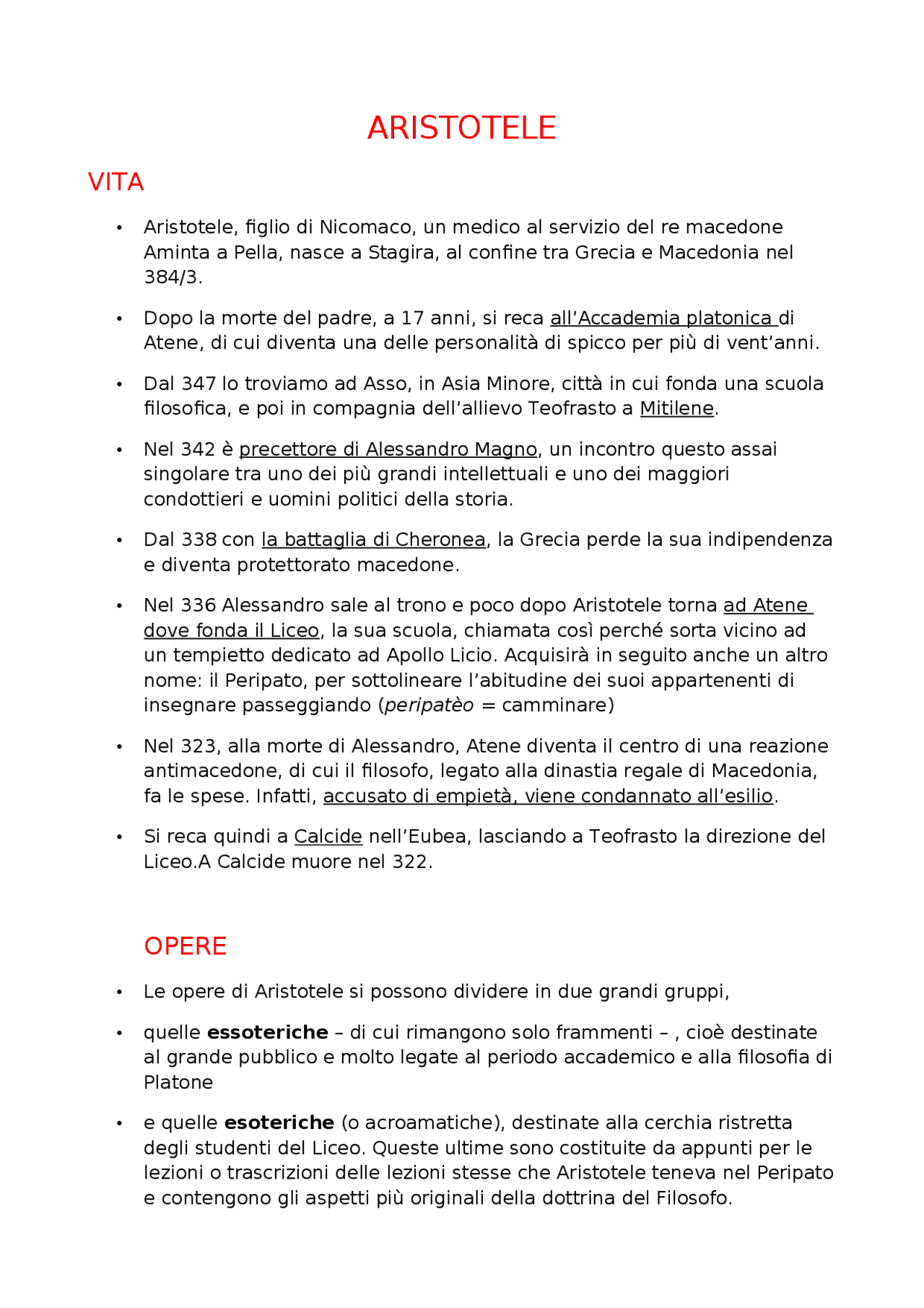 Aristotele opere vita Docsity