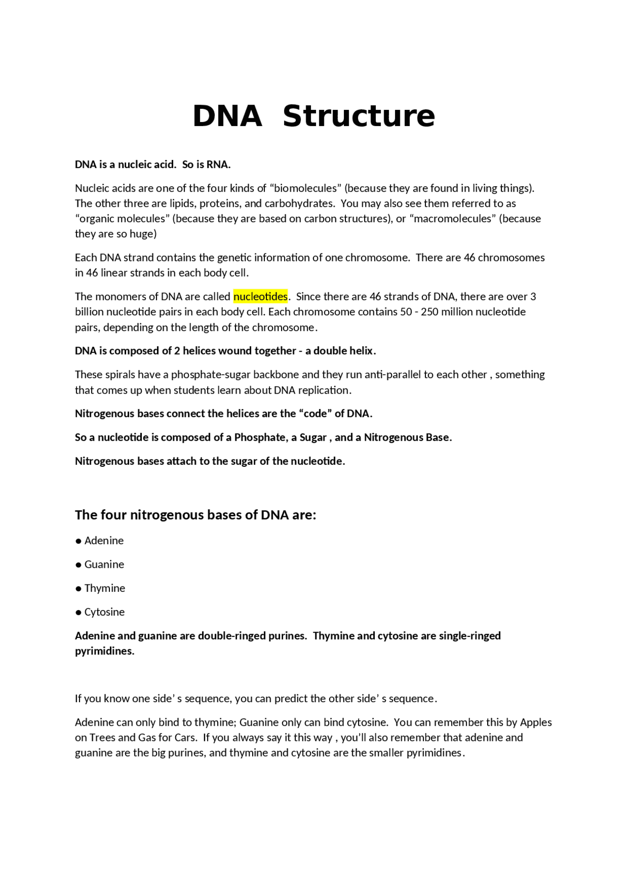 DNA Structure for health students Notes (General Biology ) - Docsity
