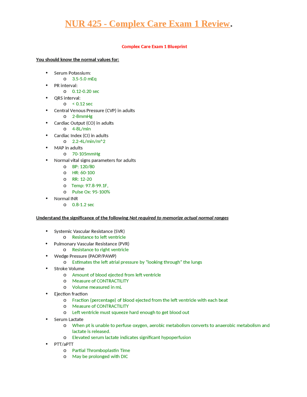 NUR 425 - Complex Care Exam 1 Review. - Docsity