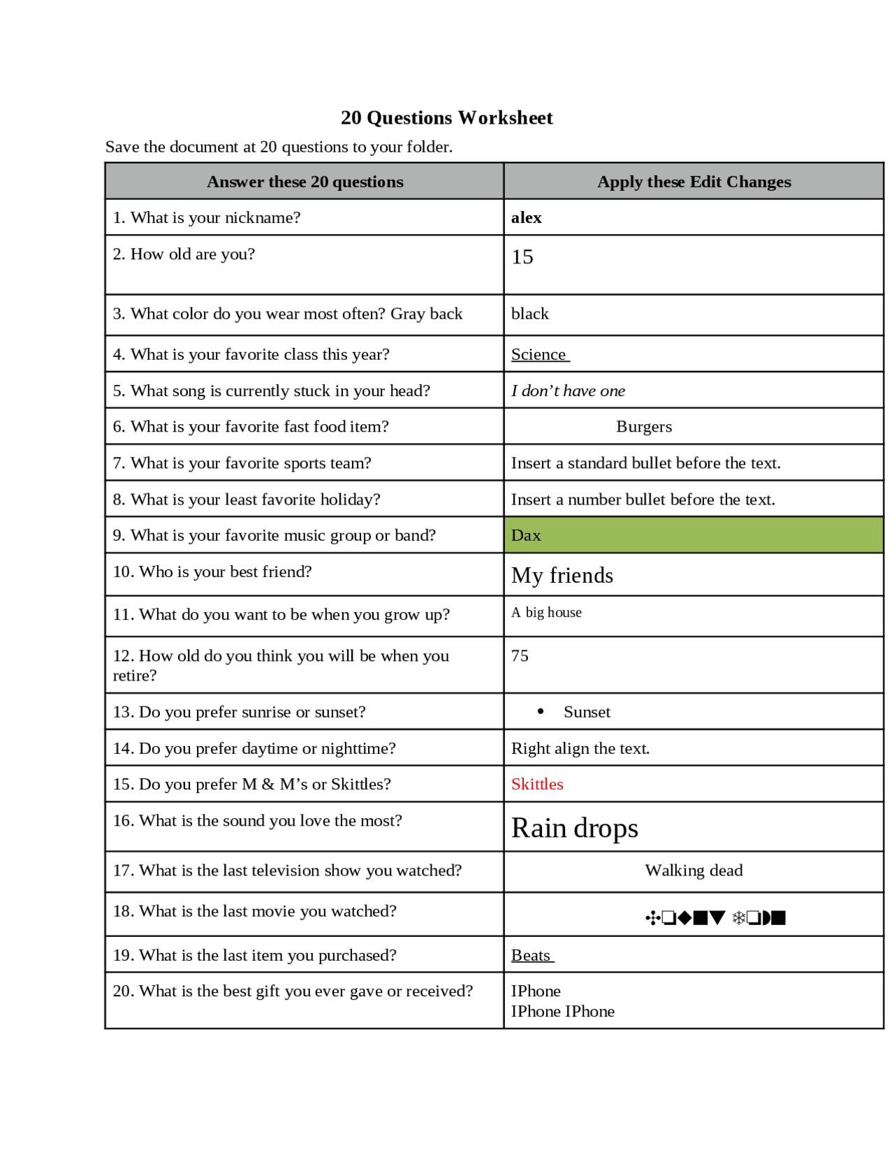 20 questions worksheet - Docsity
