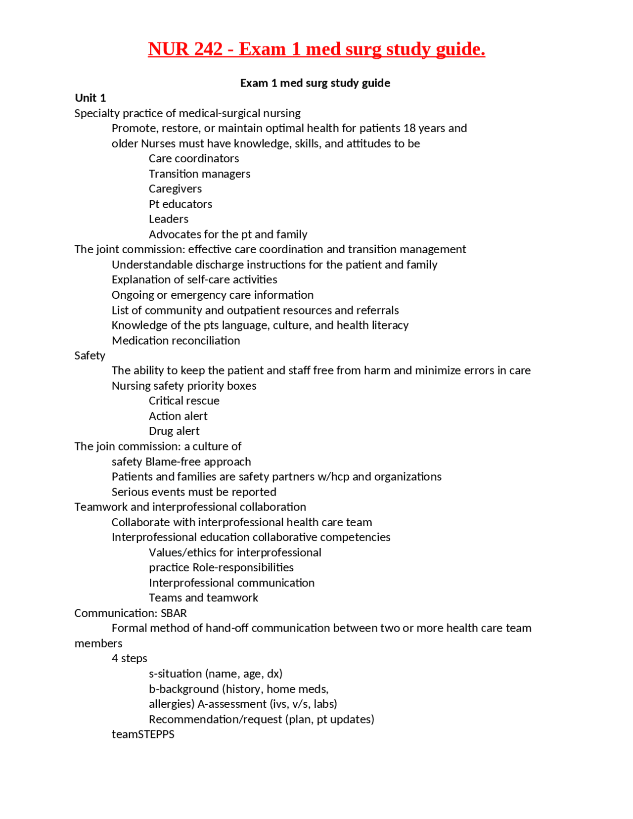 NUR 242 - Exam 1 med surg study guide. | Exams Nursing | Docsity