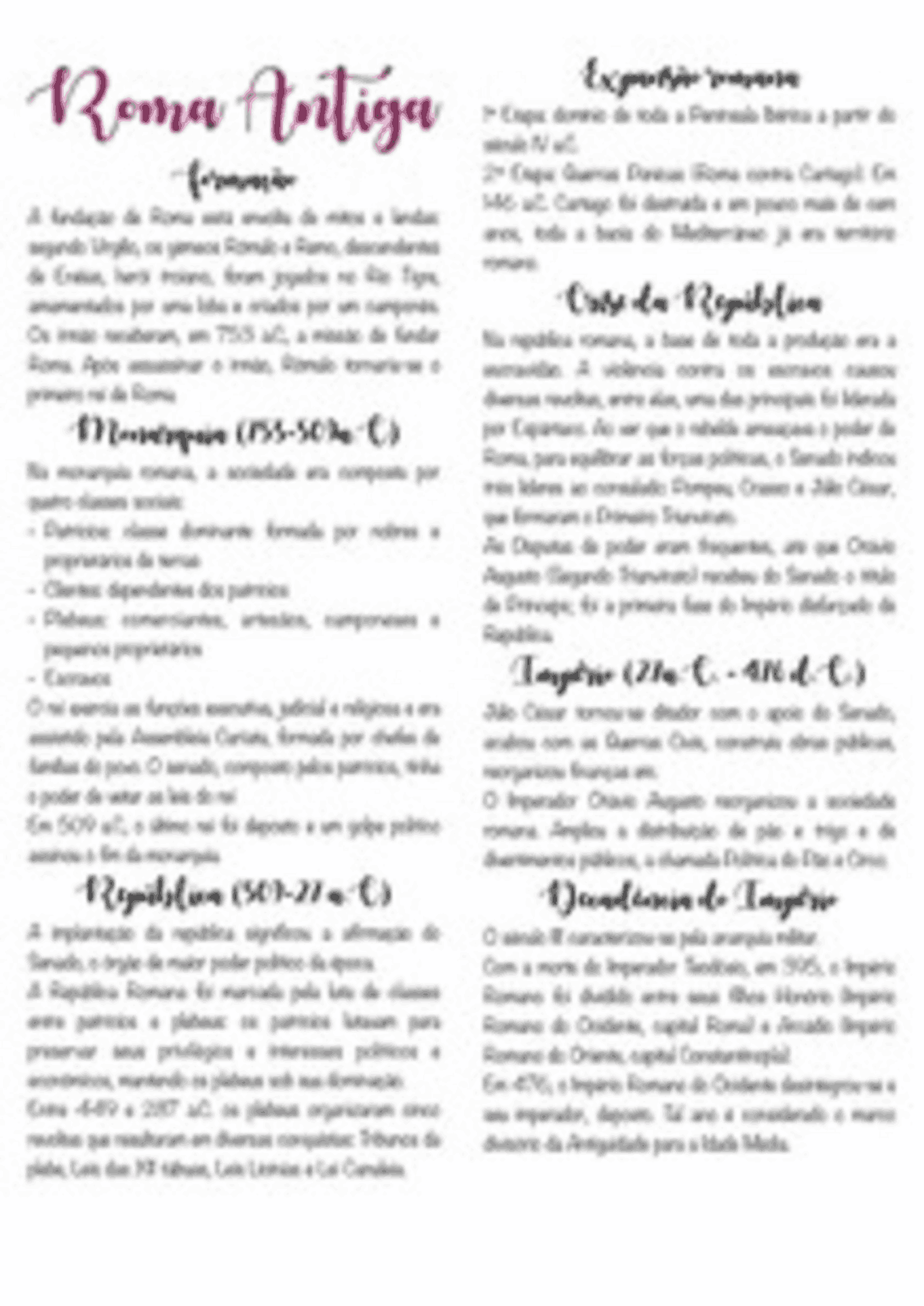 Resumo sobre Roma antiga | Resúmenes Historia | Docsity