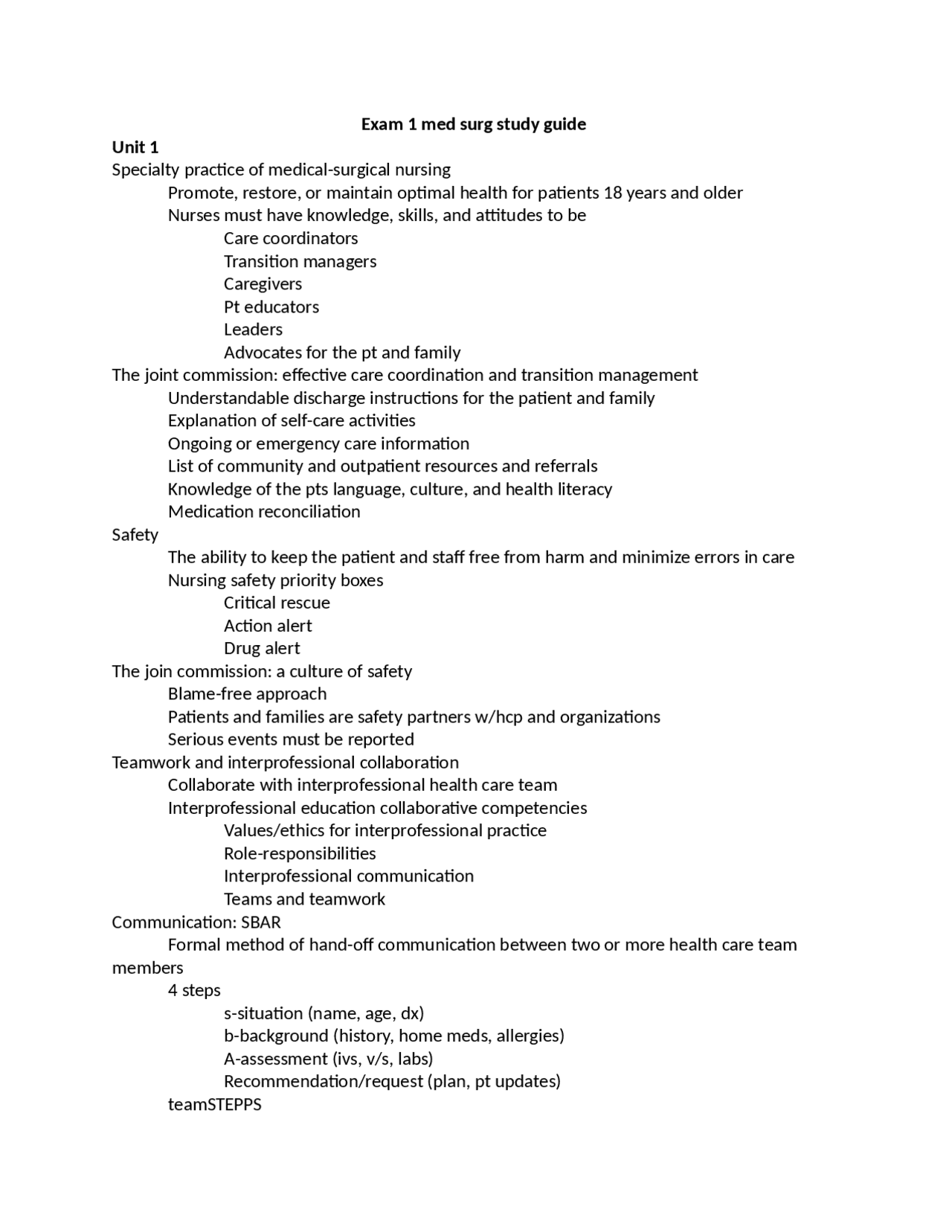 NUR 242 - Exam 1 med surg study guide. | Exams Nursing | Docsity